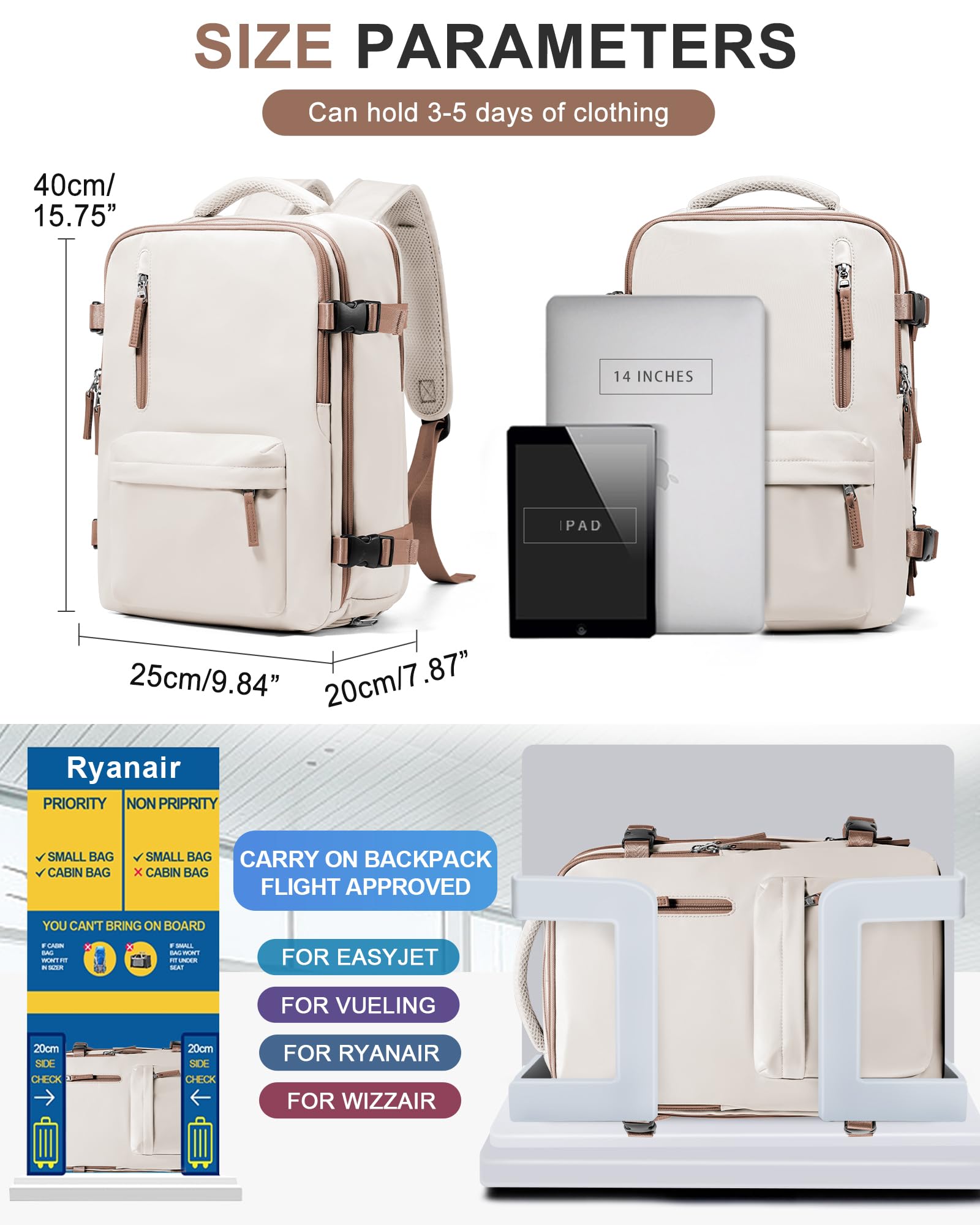 BJLFS Borse da Cabina per Ryanair 40×20×25 Zaino da Viaggio con Sottovuoto Bagaglio a Mano Easyjet 45×36×20,Zaino con sistema di compressione,Zaino Casual per laptop da 14 pollici per scuola