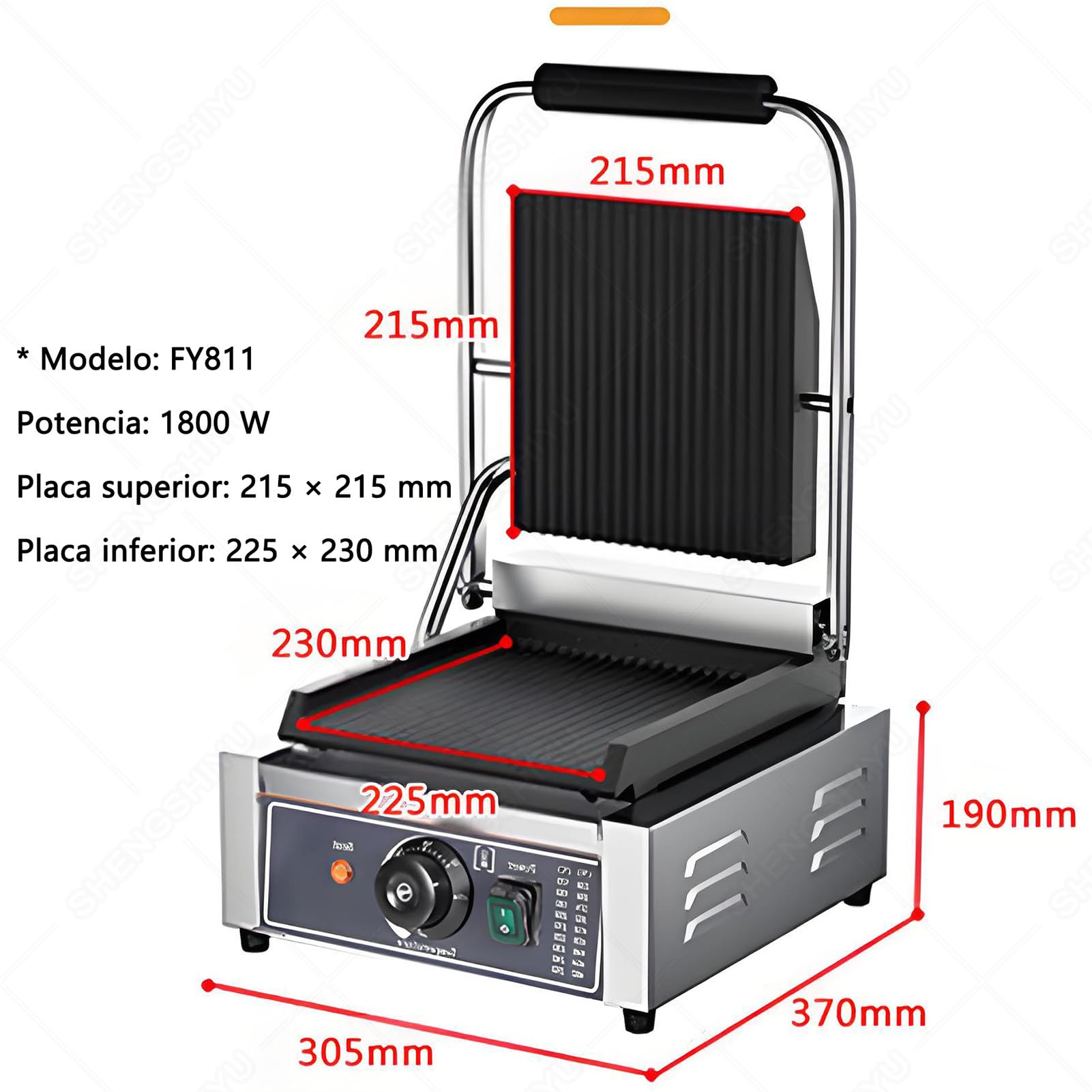 Prensa eléctrica para Hamburguesas, sándwiches a la Parrilla y filetes, Aparato versátil para Asar con Temporizador y Amplio Rango de Temperatura, Size_name-FY811, FY811,FY811