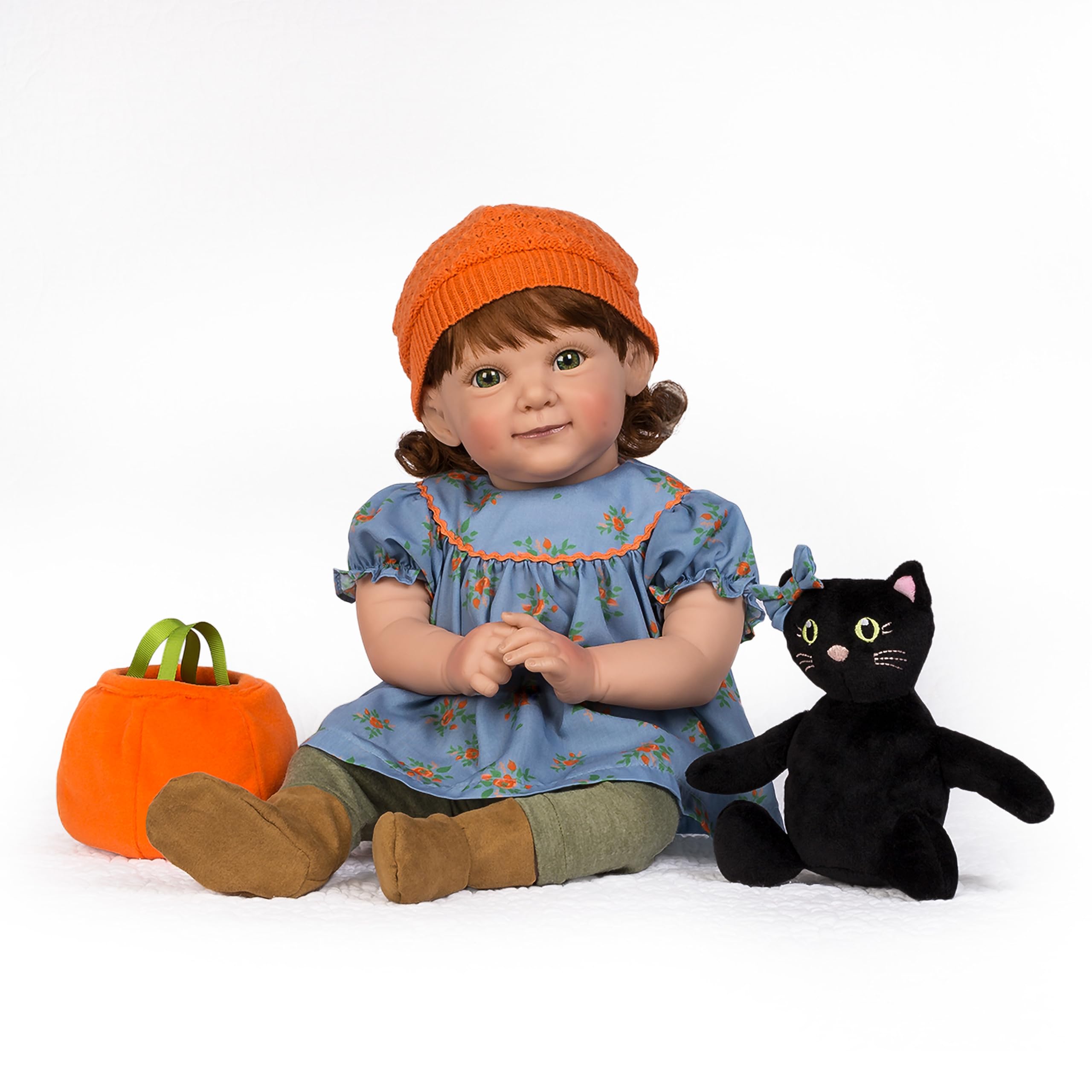 19 Inch Realistic Reborn Toddler Girl Doll in Halloween Inspired Outfit, Pumpkin Beanie with Plush Black Cat and Trick or Treat Bag – Pumpkin Spice
