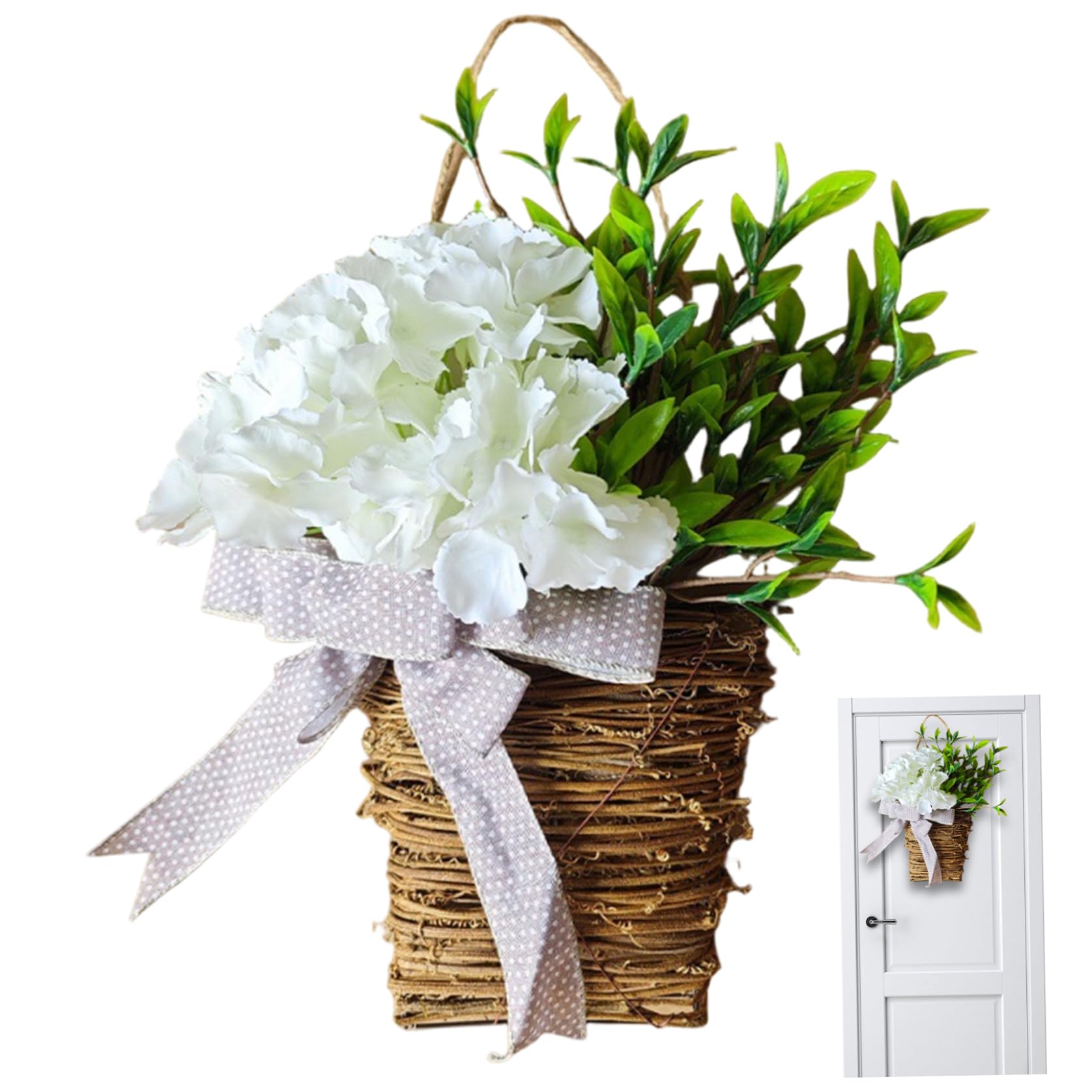 Ginwrek Spring Wreaths for Front Door Spring Wreath for Front Door, Hydrangea Floral Hanging Basket with Silk Flowers, All-Season Porch and Wall Decor