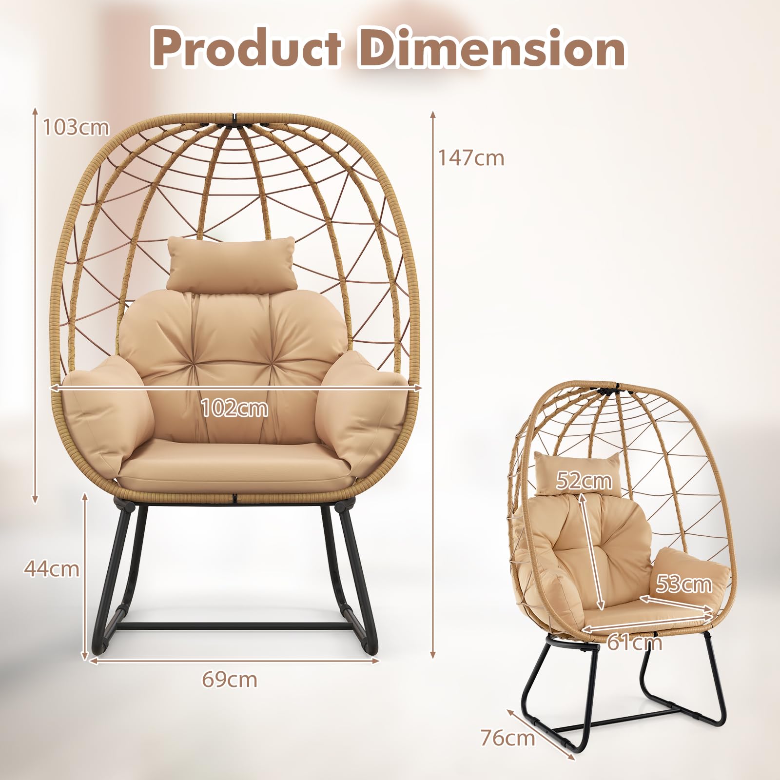COSTWAY Korbsessel Rattan, übergroßer Loungesessel mit abnehmbarem Kissen & Metallgestell, Gartensessel, Rattansessel für Balkon, Garten, Terrasse, Wohnzimmer (Beige)