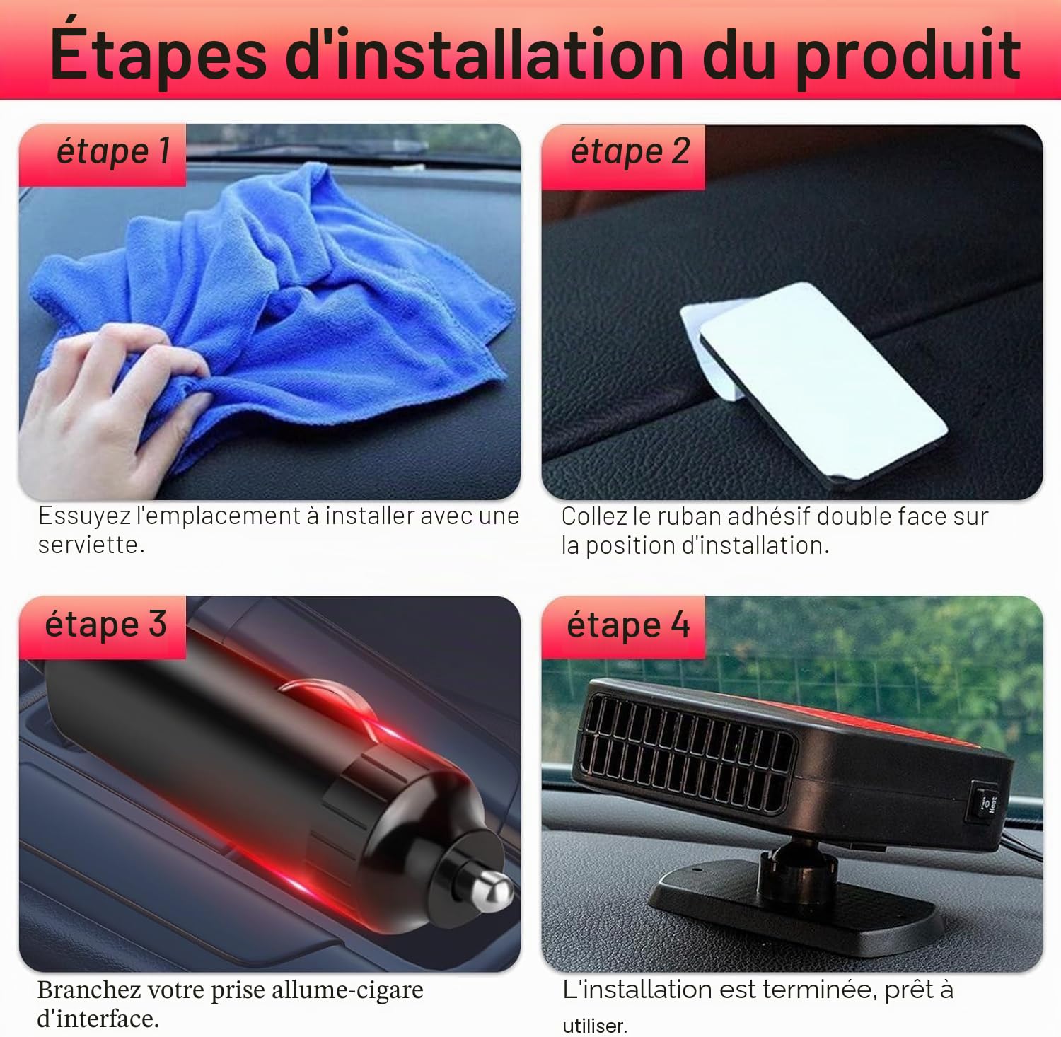 Chauffage de Voiture Portable 12V 200W - Prise Allume-Cigare - Fonction Chauffage/Refroidissement 2 en 1 - Dégivreur Rotatif à 360° - pour Voitures et SUV