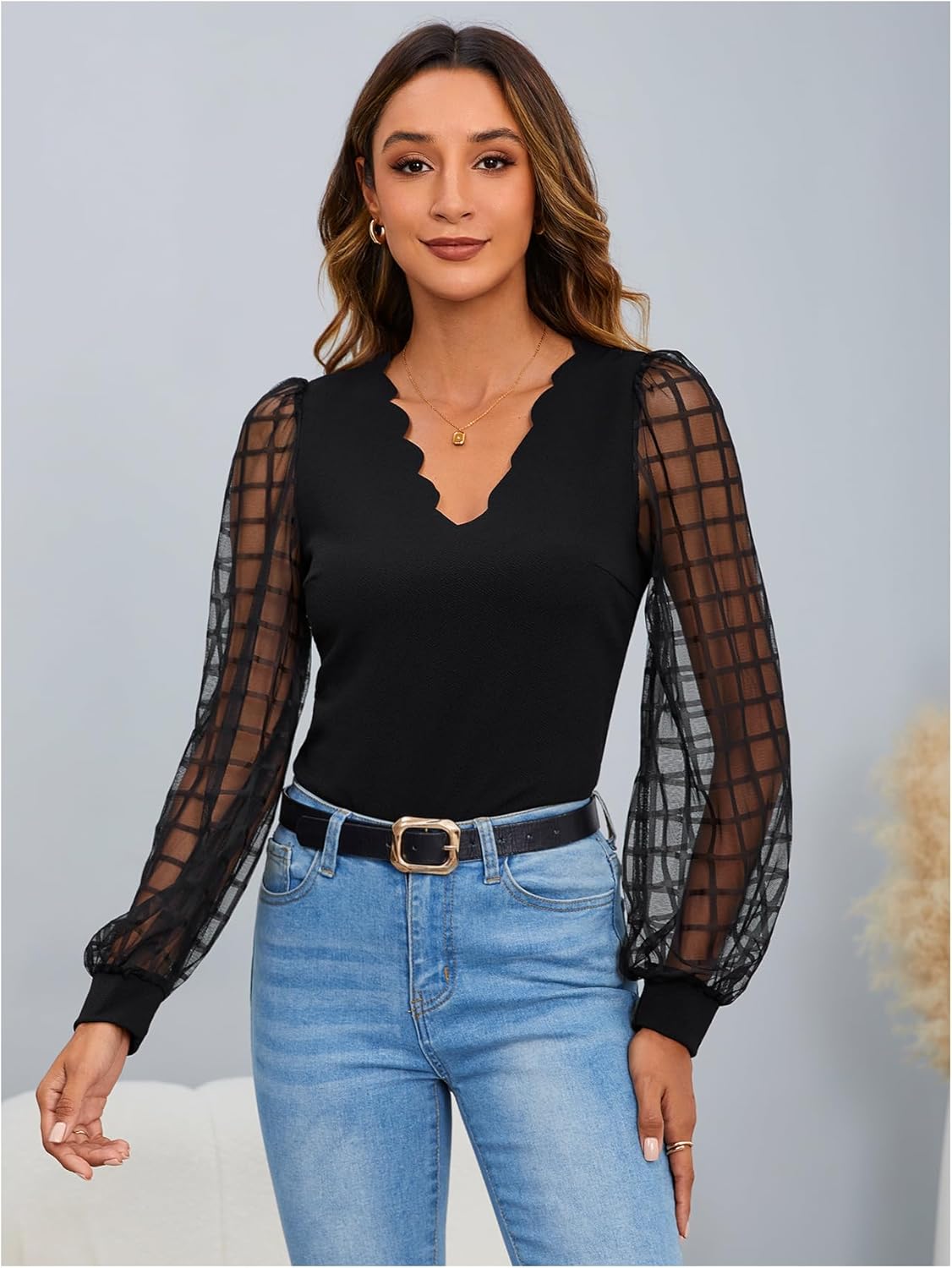 MakeMeChic Women's Sheer Mesh Puff Long Sleeve Shirts Going Out Tops Dressy Casual Work Blouse - Image 3