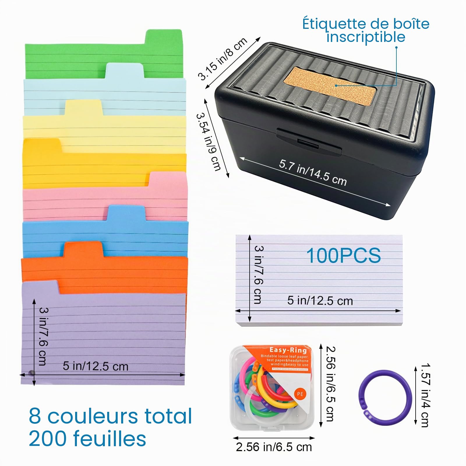 VANRA Porte-cartes d'index 7,6 x 12,7 cm, étui de rangement pour 300 cartes d'index colorées vierges en vrac avec anneau (noir)