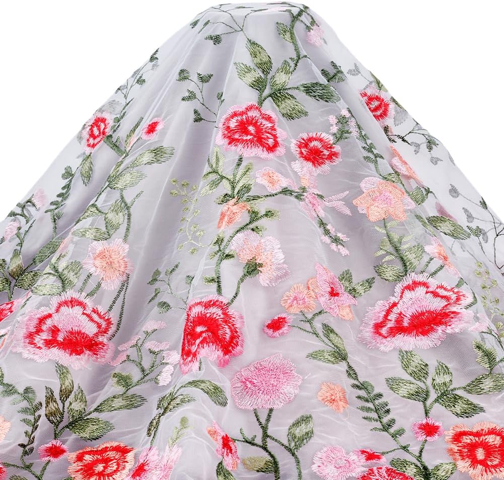3 Yards Red Lace Fabric Beautiful Floral Embroidery Lace White Mesh Fabric Tulle 59 Inches Wide Polyester Gauze Embroidered Veil for Wedding Sewing Accessories Party Dress
