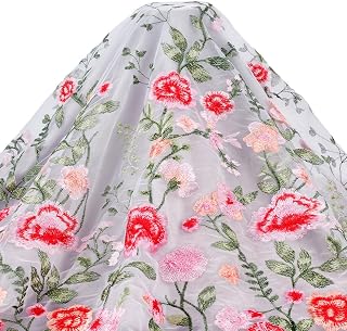 CRAFTYMELODY 1 Yard Colorful Lace Fabric Beautiful Flower Embroidery Lace White Mesh Fabric Tulle 51 Inches Wide Polyester Gauze Embroidered Veil for Wedding Sewing Accessories Party Dress
