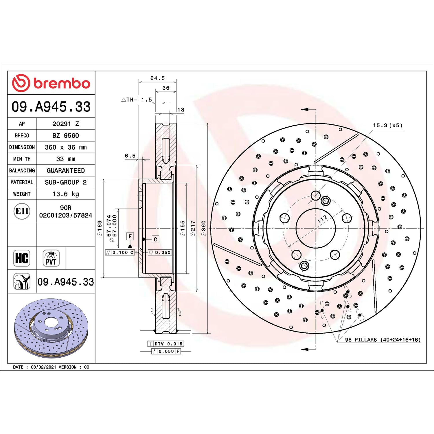 BREMBO 09.A945.33, 2 szt Tarcze Hamulcowe przód 360mm