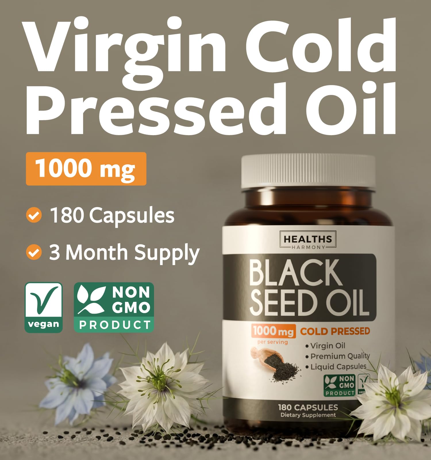 Black Seed Oil - 180 Softgel Capsules (Non-GMO & Vegan) Premium Cold-Pressed Nigella Sativa Producing Pure Black Cumin Seed Oil with Vitamin E - 500mg Each, 1000mg Per 2 Capsule Serving — Amazon image 2
