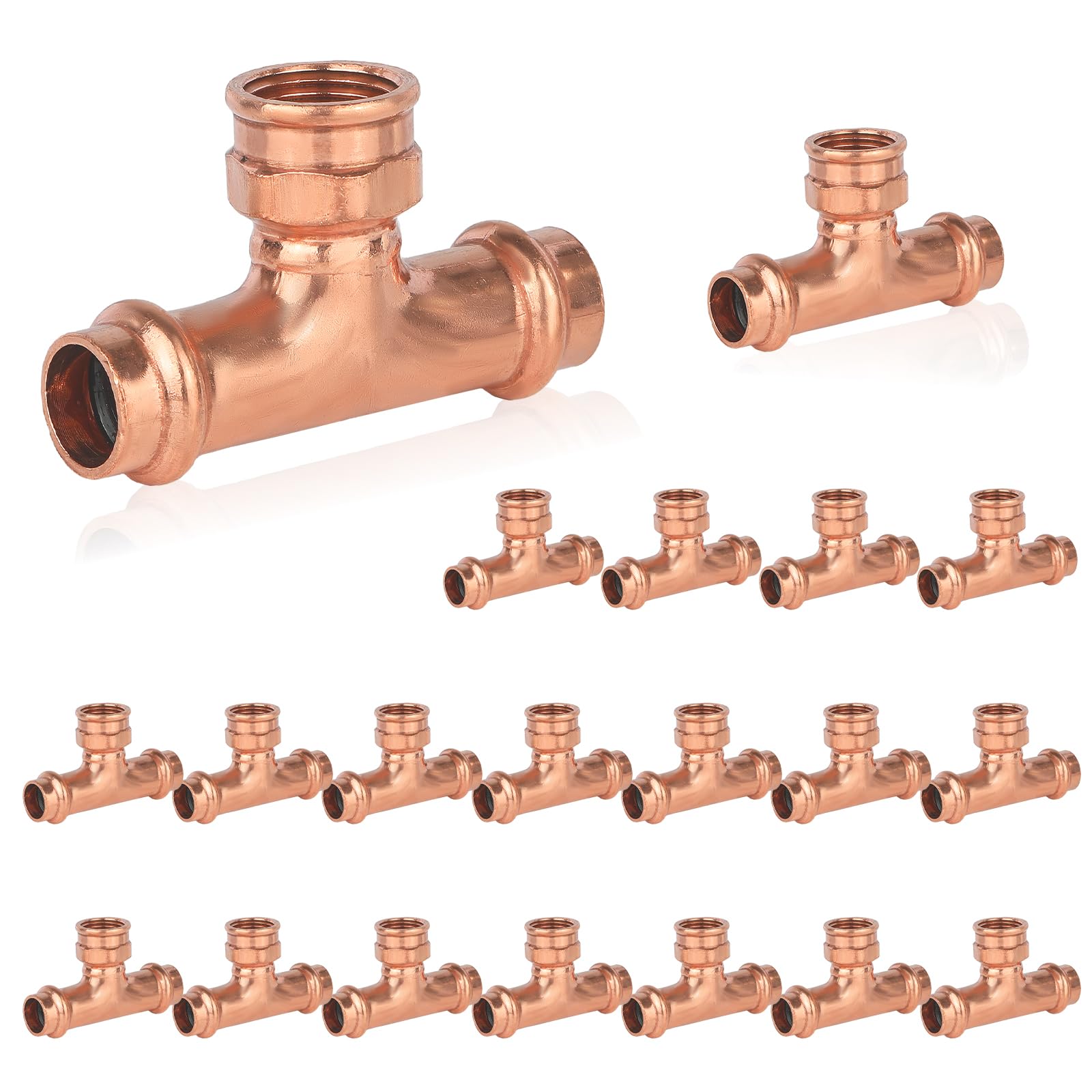 Paquete de 20 racores de Cobre a presión GUOFIS, 3/4" x 3/4" a presión x 3/4" NPT Hembra en T para conexión de tuberías de Cobre (PRESS079-20Pack)