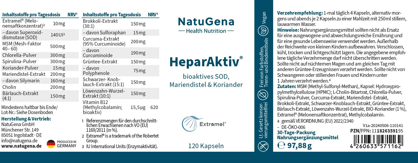NatuGena HeparAktiv, bioaktive Superoxiddismutase (SOD), Mariendistel & Koriander, Algen Arten Spirulina, Chlorella, 120 Kapseln (1 Monats Packung)