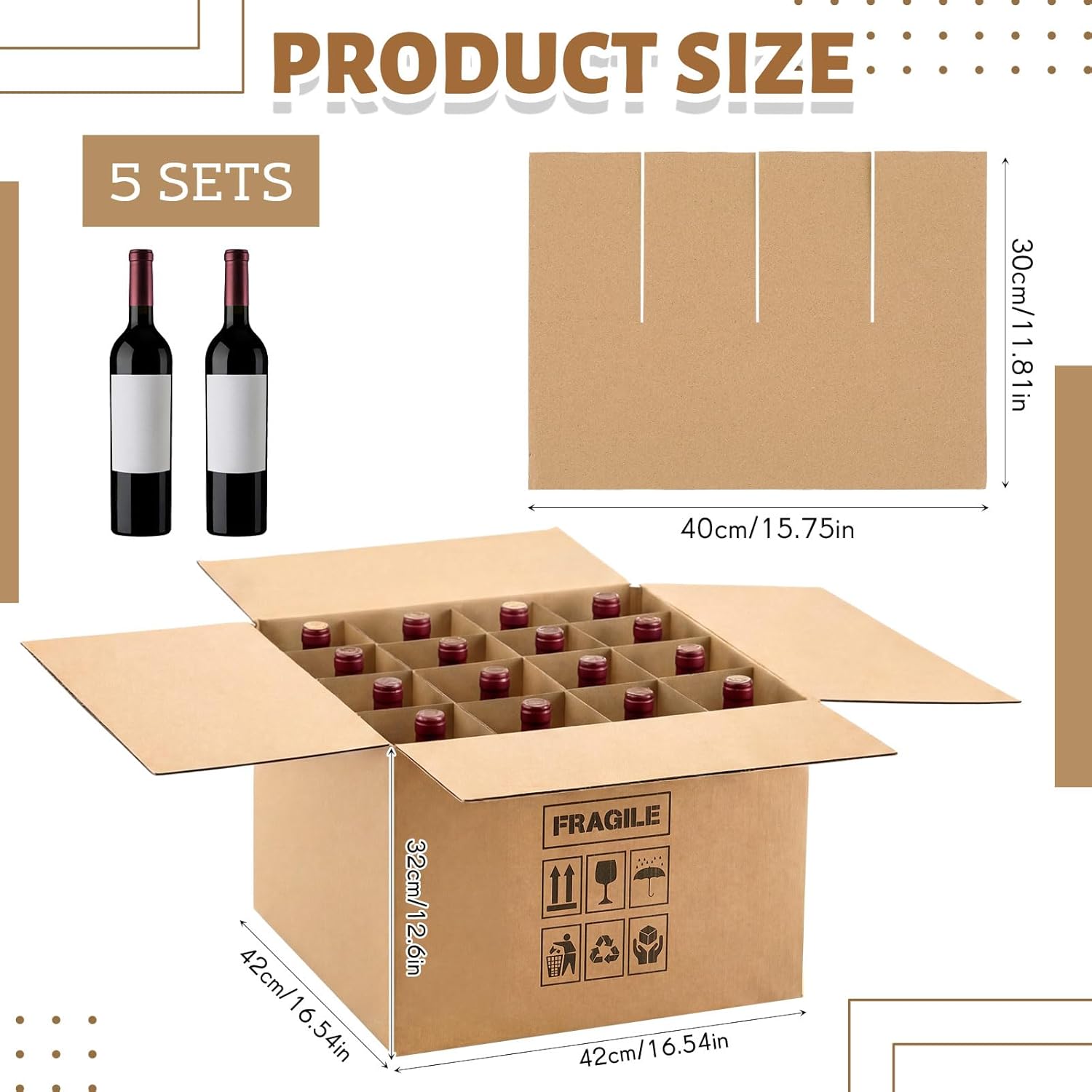 Tatuo 5 Sets Wine Boxes for Moving Kits 16 x 16 x 12 Inch Corrugated 16 Bottle Cardboard Glass Dividers with Handle for Kitchen Shipping Wine Glassware Kitchen Dish Packing Moving (Box Included)
