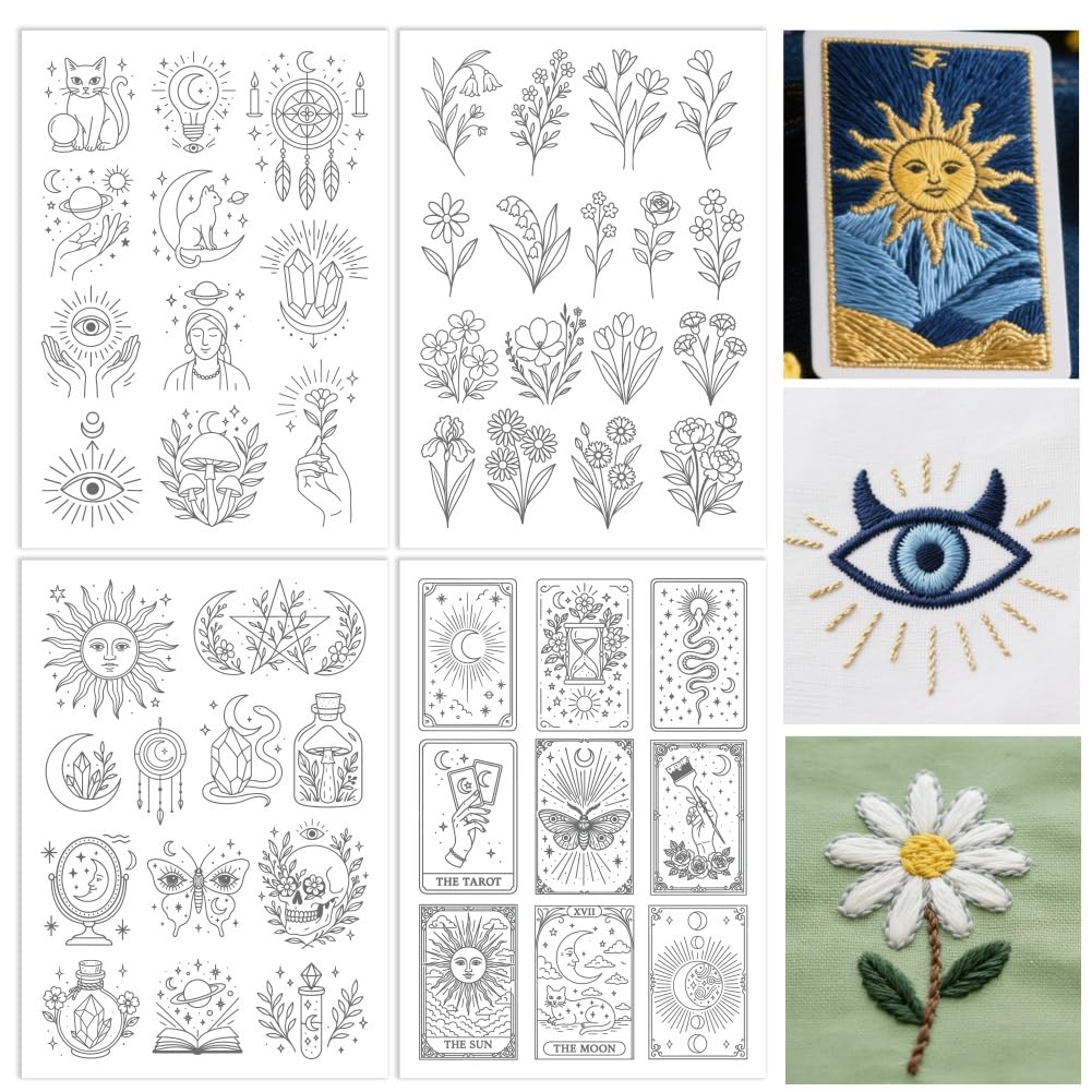 ORIGACH 4 Sheets Water Soluble Embroidery Patterns Stabilizers - Pre-Printed Mystical Divination Tarot & Floral Designs - Stick & Stitch Embroidery Paper for Hand Sewing Lovers