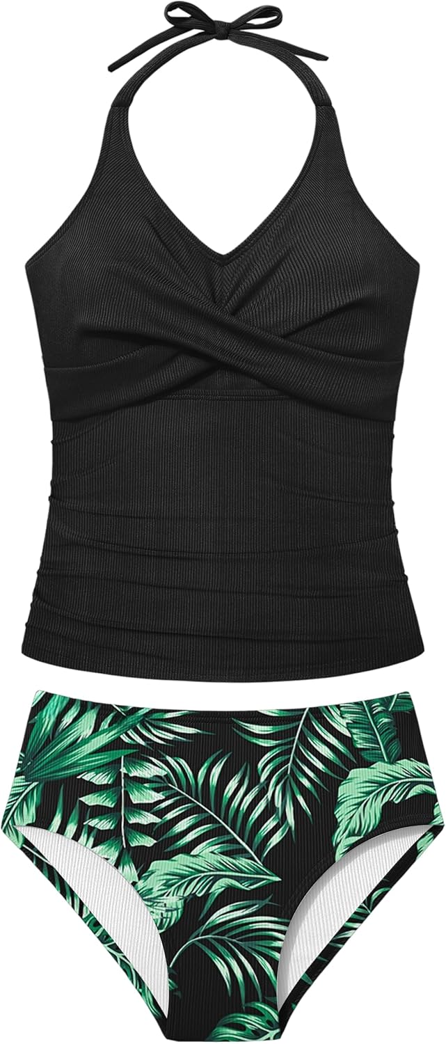 Girls Swimsuits 2 Piece Halterneck Bathing Suit Criss Cross Ruched Printed Tankini Swimwear Set for 9-16 Years