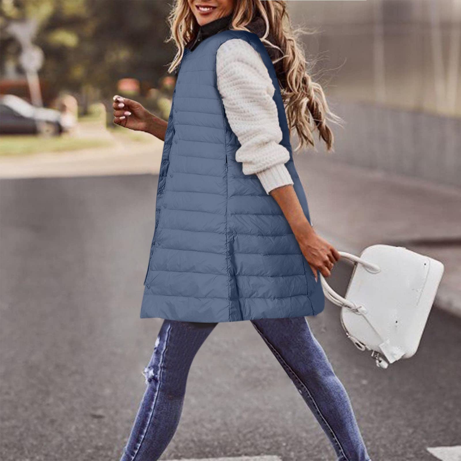 Generisch Gilet in piuma da donna, lungo, leggero, trapuntato, da donna, taglie forti, caldo, per le mezze stagioni, senza maniche, in tinta unita, con colletto alto, in cotone, casual, per attività