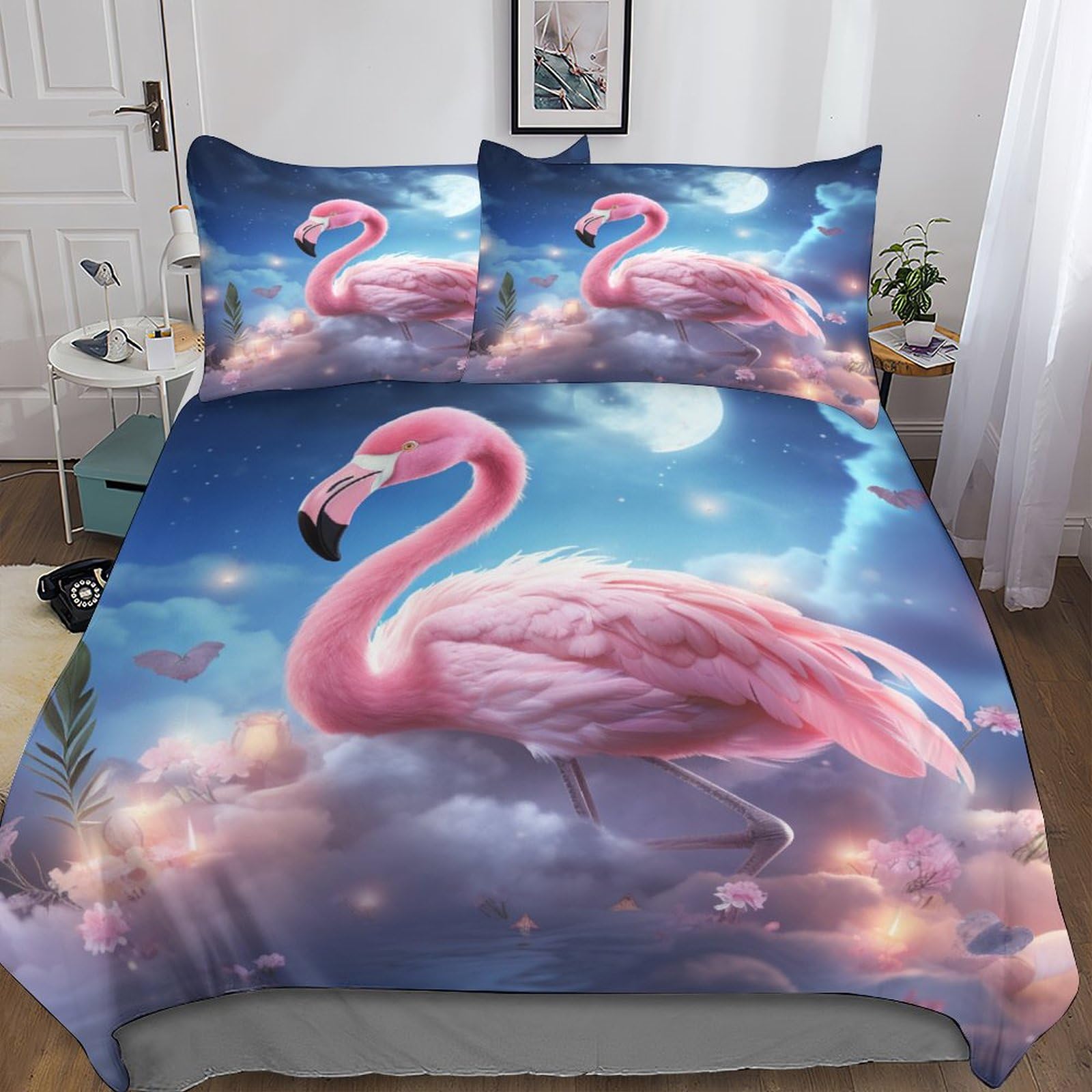 Pink Flamingo Duvet Cover Bedding for Kids Teens Adult,Theme 3D Printed Flamingo Print Comforter Quilt Cover,Classical Record Decoration 3 Piece Bed Set with Pillowcases,Colorful Double（200x200cm）