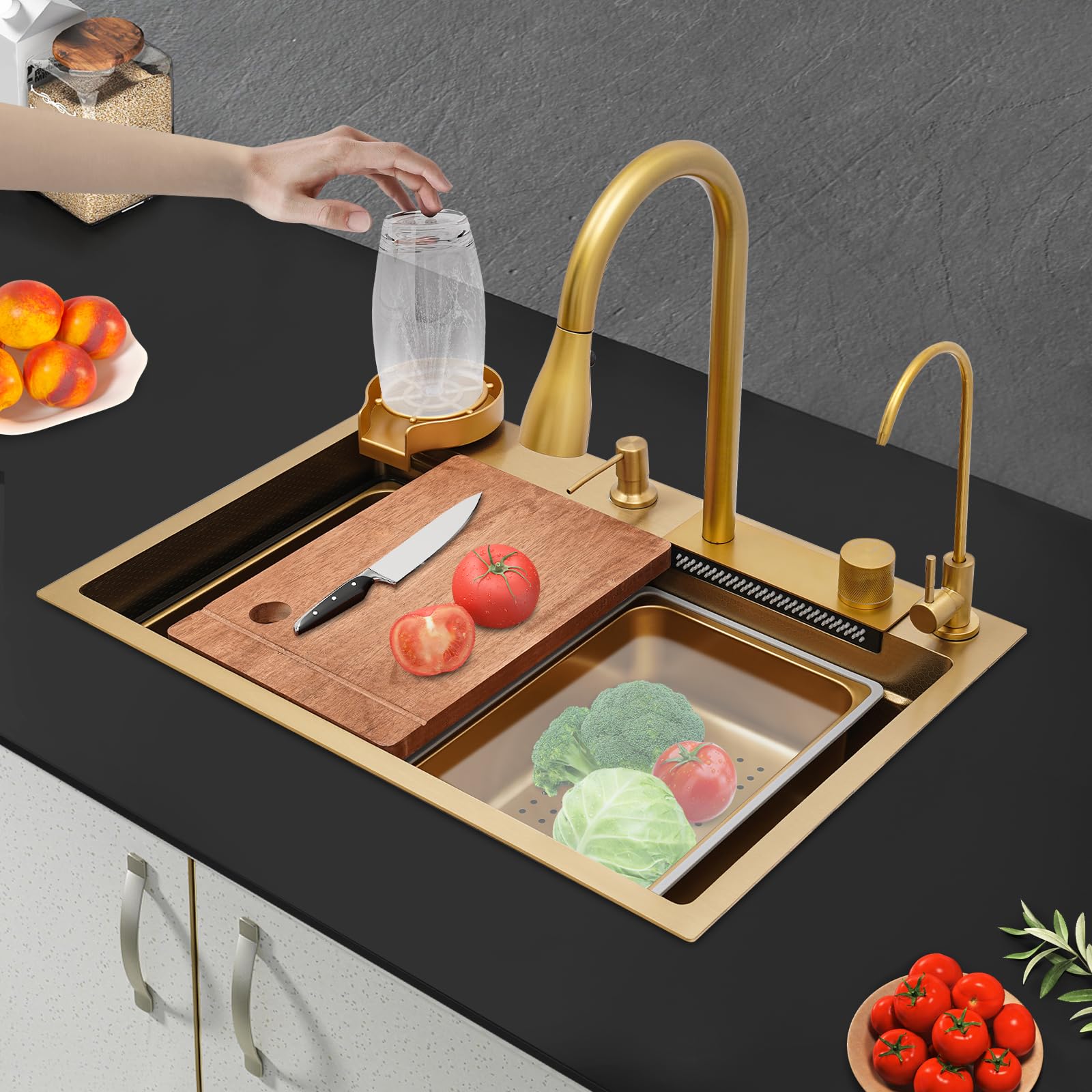 Spülbecken Küche, Kitchen Sink Modern Edelstahl Küchenspüle Wasserfall, Drei Wasserauslaufmodi, Multifunktionale spülbecken mit Ausziehbarer Wasserhahn und Entwässerungskomponente (Gold)