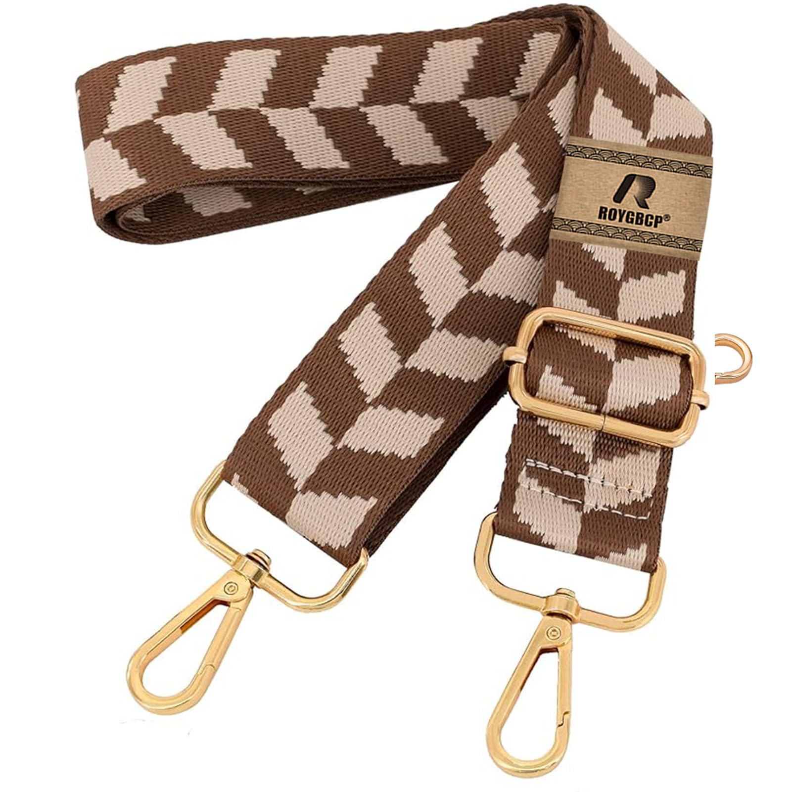 ROYGBCP Replacement Handbag Strap Shoulder Strap Adjustable Shoulder Strap for Women Crossbody Wide Shoulder Bag, Brown Checker+Gold Metal, Width: 1.5''