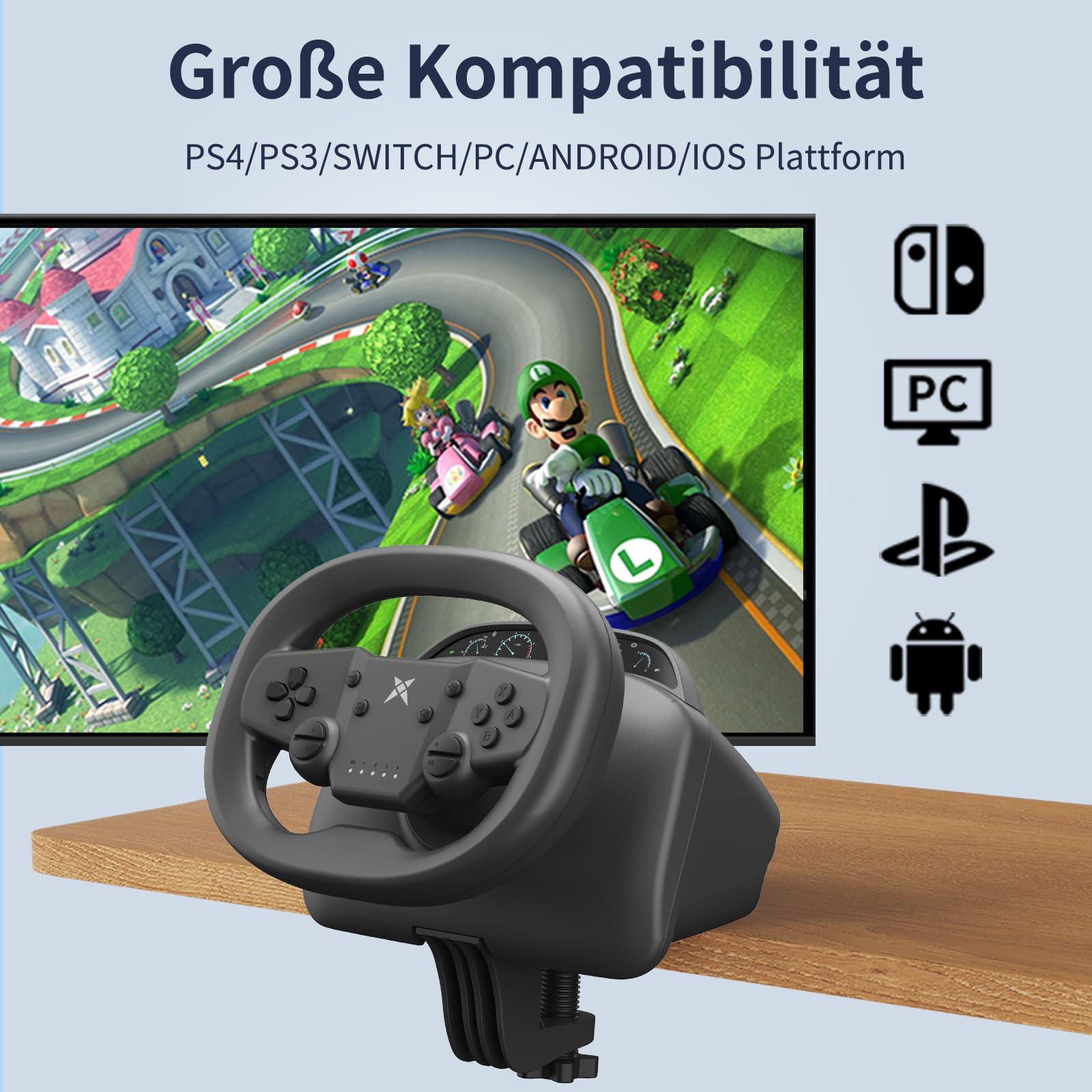 DOYO Drahtloses Gaming Lenkrad–Bluetooth 5.0-Rennlenkrad,270 Grad PC Lenkrad mit zwei Vibrationsmotoren für Switch (Mario Kart), PS4, PS3, PC, Android mit Reaktionsschnellen Pedalen