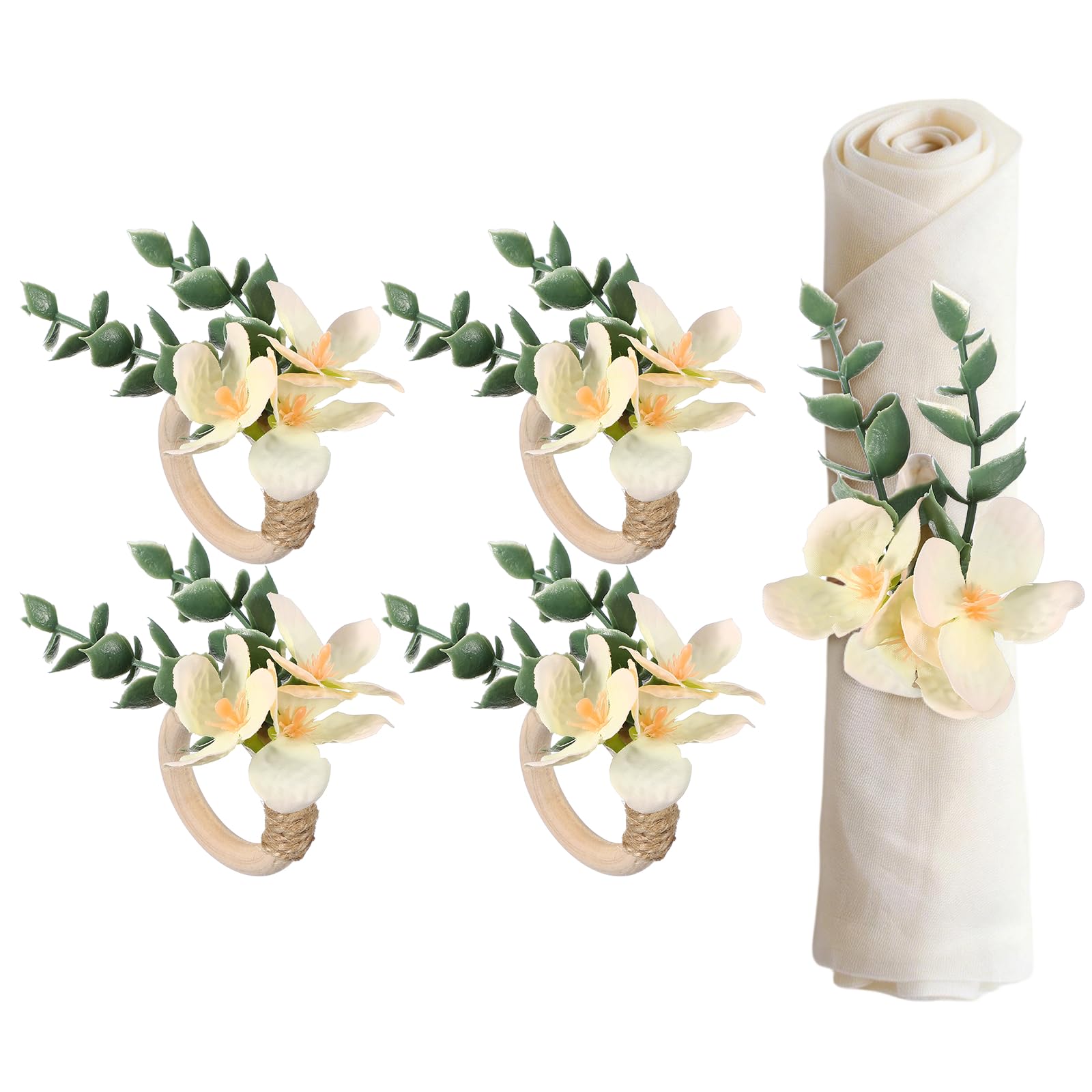 sourcing map 4Pcs Flower Napkin Rings, Handmade Eucalyptus Napkin Ring Holders Buckles Table Decorations for Christmas Thanksgiving Valentine Decor Wedding Parties, Banquet, Home, Champagne