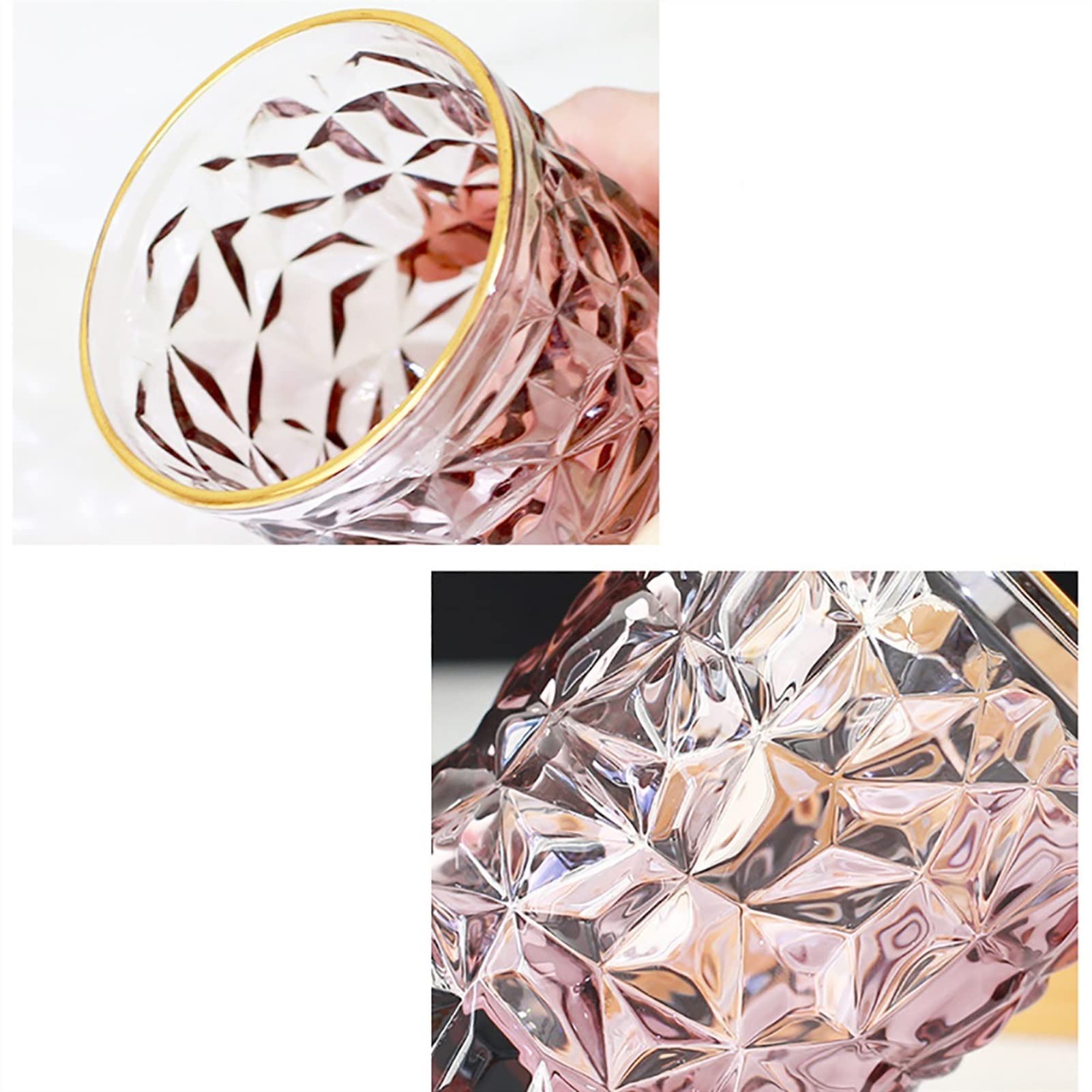 Glas Kaffeetassen 2er Set Diamant Form Trinkgläser Wein Whiskey Cocktail Saft Glas Rot Glastasse mit Goldenem Rand Glas Kaffeetassen