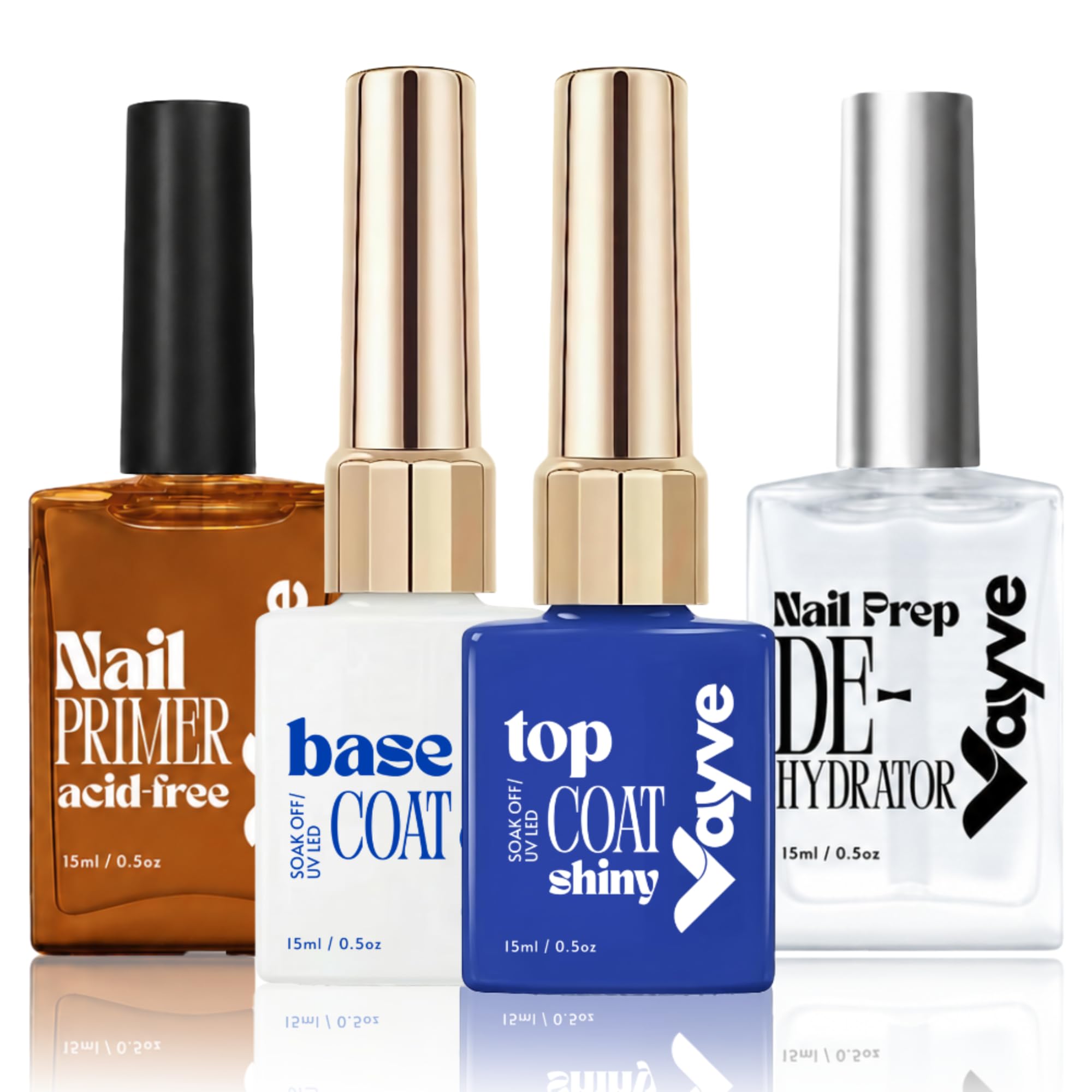 4 Pcs Nail Prep Dehydrator & Acid-Free Primer Set with Gel Base and Shiny Top Coat | 15ml/0.5oz Complete Adhesion Bonder Kit for Acrylic, Gel Polish, & Builder Gel | Professional Nail Supplies image