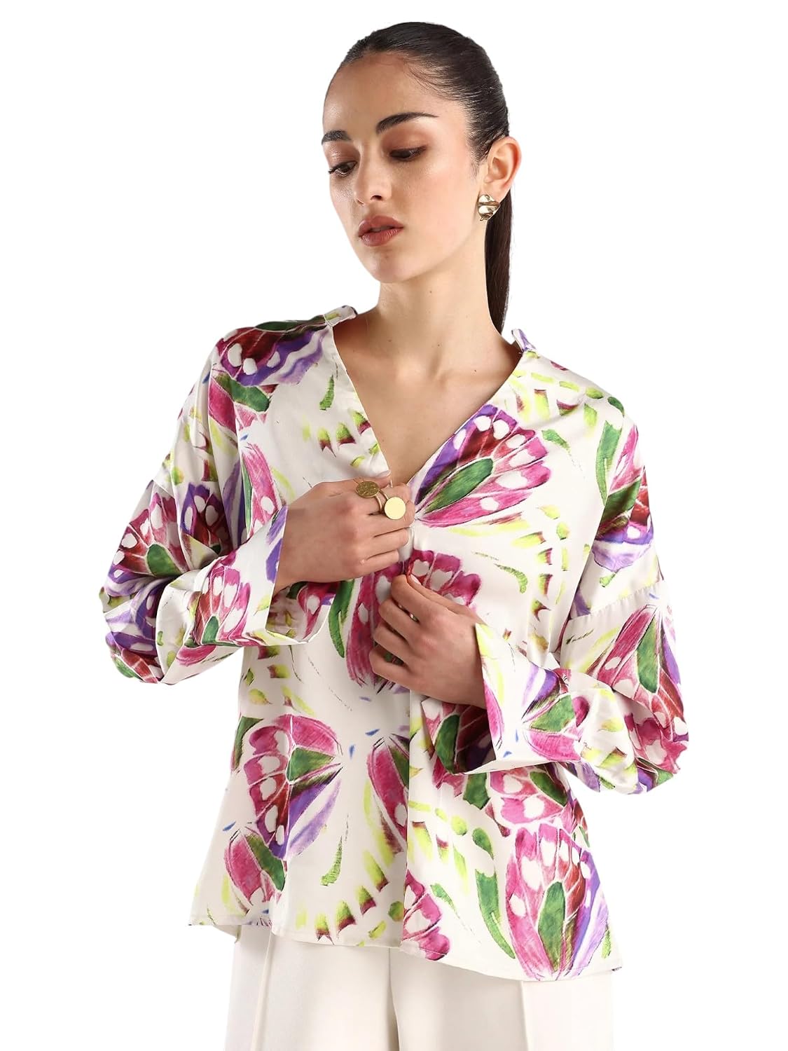 Rareism Women’s Gunay Multi Polyester Polyester V-Neck Abstract Print Cuffed Sleeve Regular Fit Top