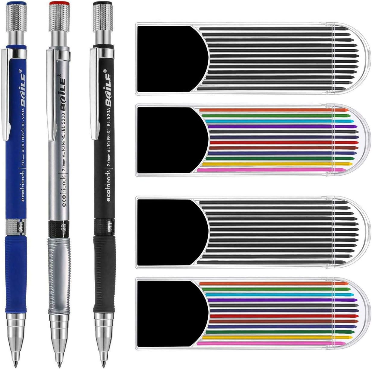 2.0 mm Mechanical Pencil Set with 3 Pieces Pencils, 4 Cases Lead Refills (2 Color 2 Black), 1 Pouch Bags, and 1 Earser for Writing, Drawing, Crafting, Art Sketching, Carpenter
