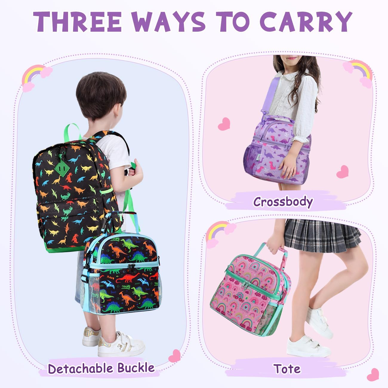 VASCHY Lunch Box Bag for Kids, Insulated Double Compartments Cooler Lunch Tote for Toddlers Girls School/Daycare/Picnic Lilac Dinos