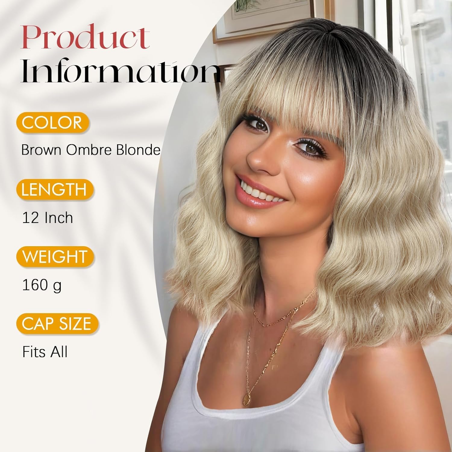 WIGNEE Parrucca Bob Corta Ondulata Con Frangia, Ricci Naturali Femminili | Biondo Ombré Con Mechature, Capelli Sintetici Resistenti Al Calore Senza Colla, 12 Pollici