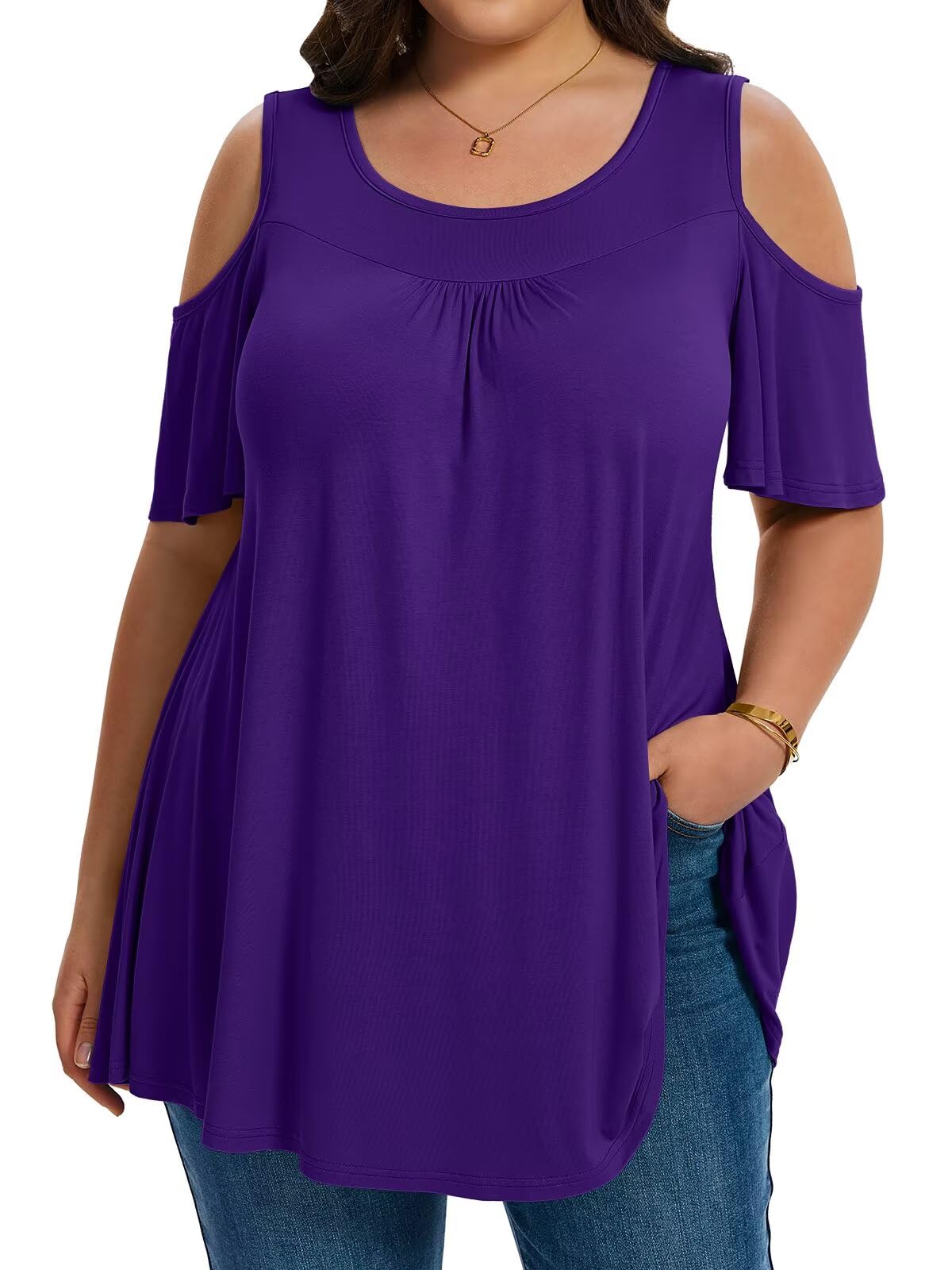 LARACE Plus Size Cold Shoulder Tops for Women Short Sleeve Tunics Shirts Loose Summer Clothes Blouses to Wear with Leggings