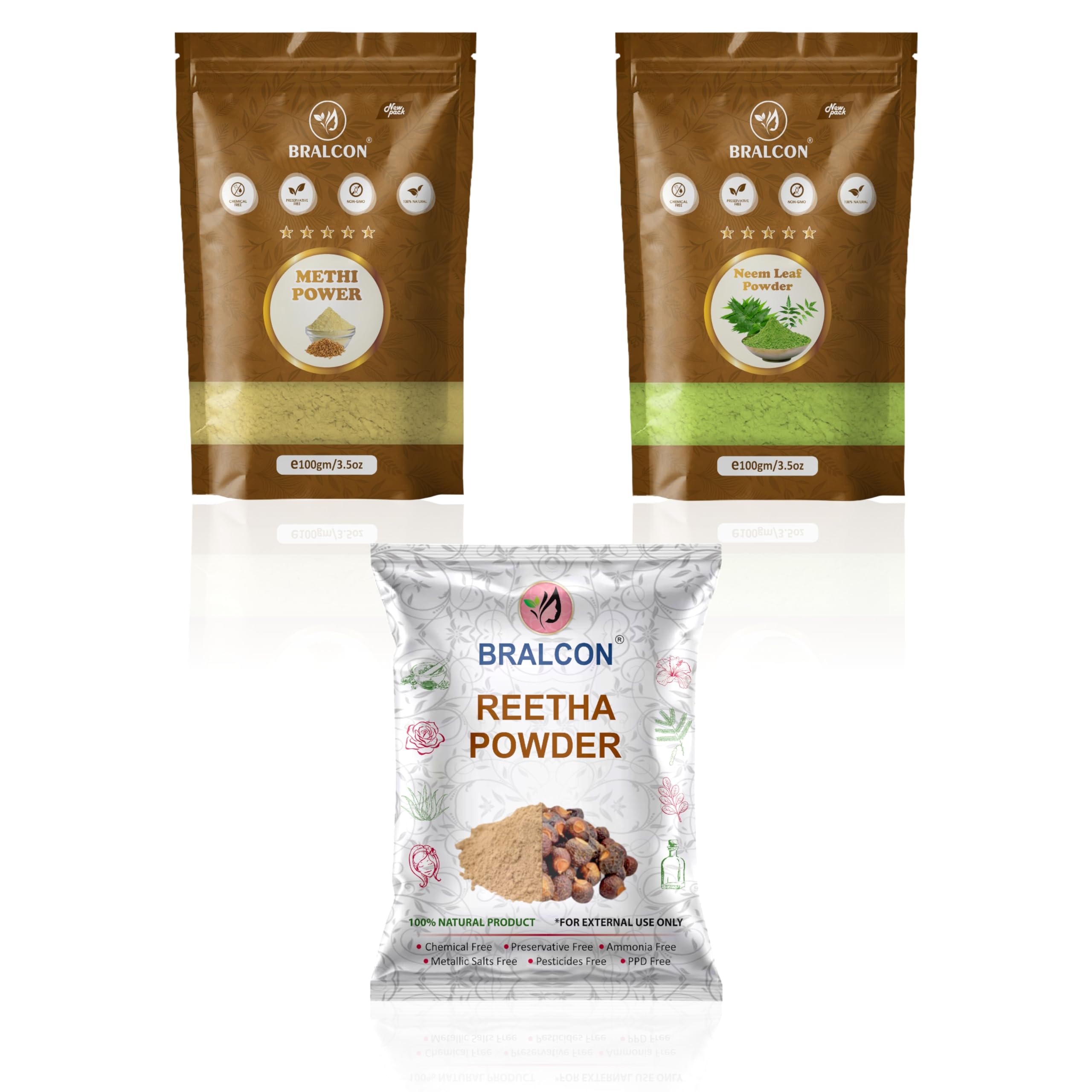 BRALCON Methi Powder, Neem Leaf, Reetha Combo, Natural Hair Care, Chemical Free, 100gm Each, 3 Pack, Powder Form for Adults-image-44