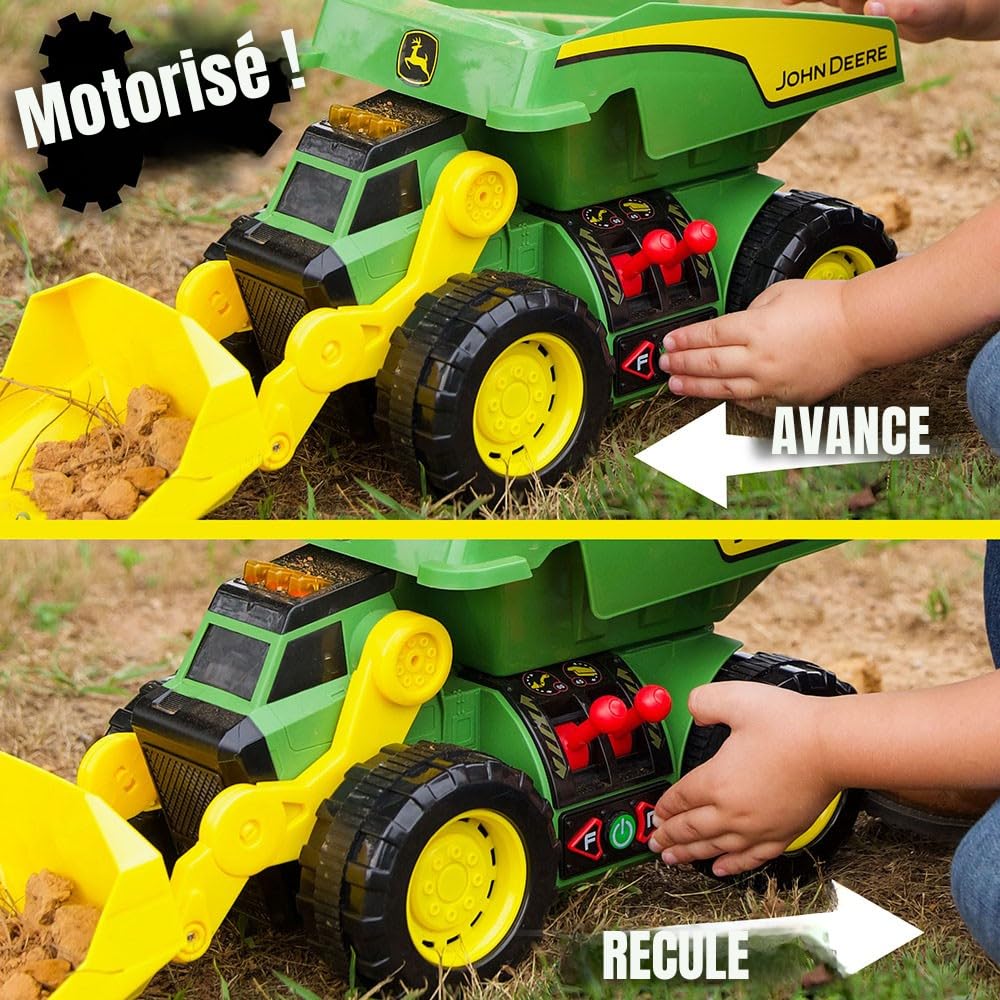 John Deere JD MAXX Power Camion de Chantier 2-en-1 Lumières & Sons, Pelleteuse et Camion Benne Télécommandés, LED, Sons de Chantier, Moteur Électrique, Grandes Roues, Dès 3 Ans