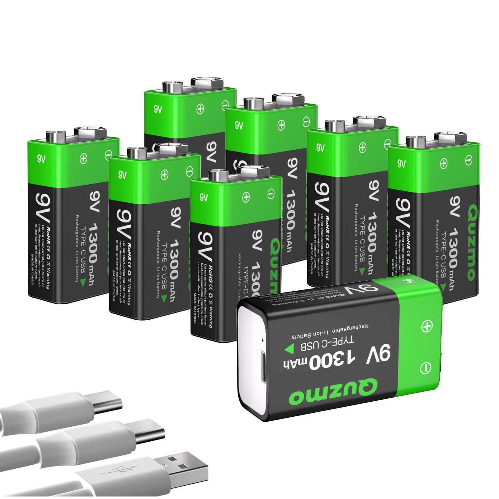 Quzmo 8-Pack Rechargeable 9V Batteries, 1300mAh 9 Volt Lithium-ion Long Lasting Power, USB-C Recharge with 2 in 1 Charging Cable for Smoke Alarms,Multimeters,Microphones,Walkie-Talkie,Toys