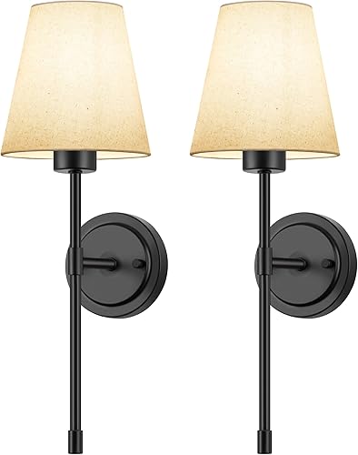 ShineTech Juego de 2 apliques de pared industriales retro, pantalla de tela de lino, lámparas montadas en la pared para dormitorio, sala de estar,
