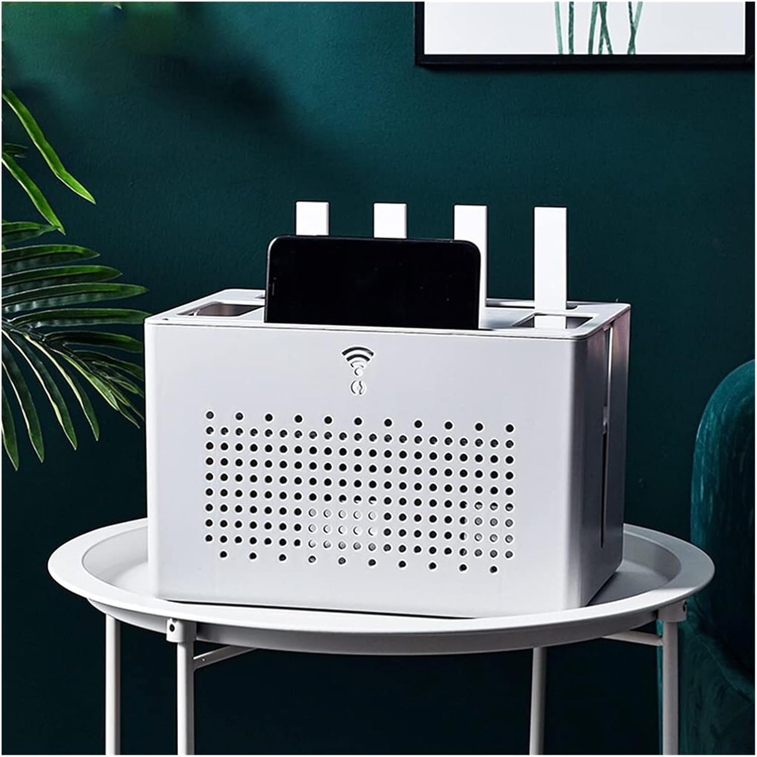 Double-Layer WiFi Router Organizer Box with Top Shelf, Hidden Cable Management & Ventilation, White Desktop Storage for Modem and Power Strips(White)