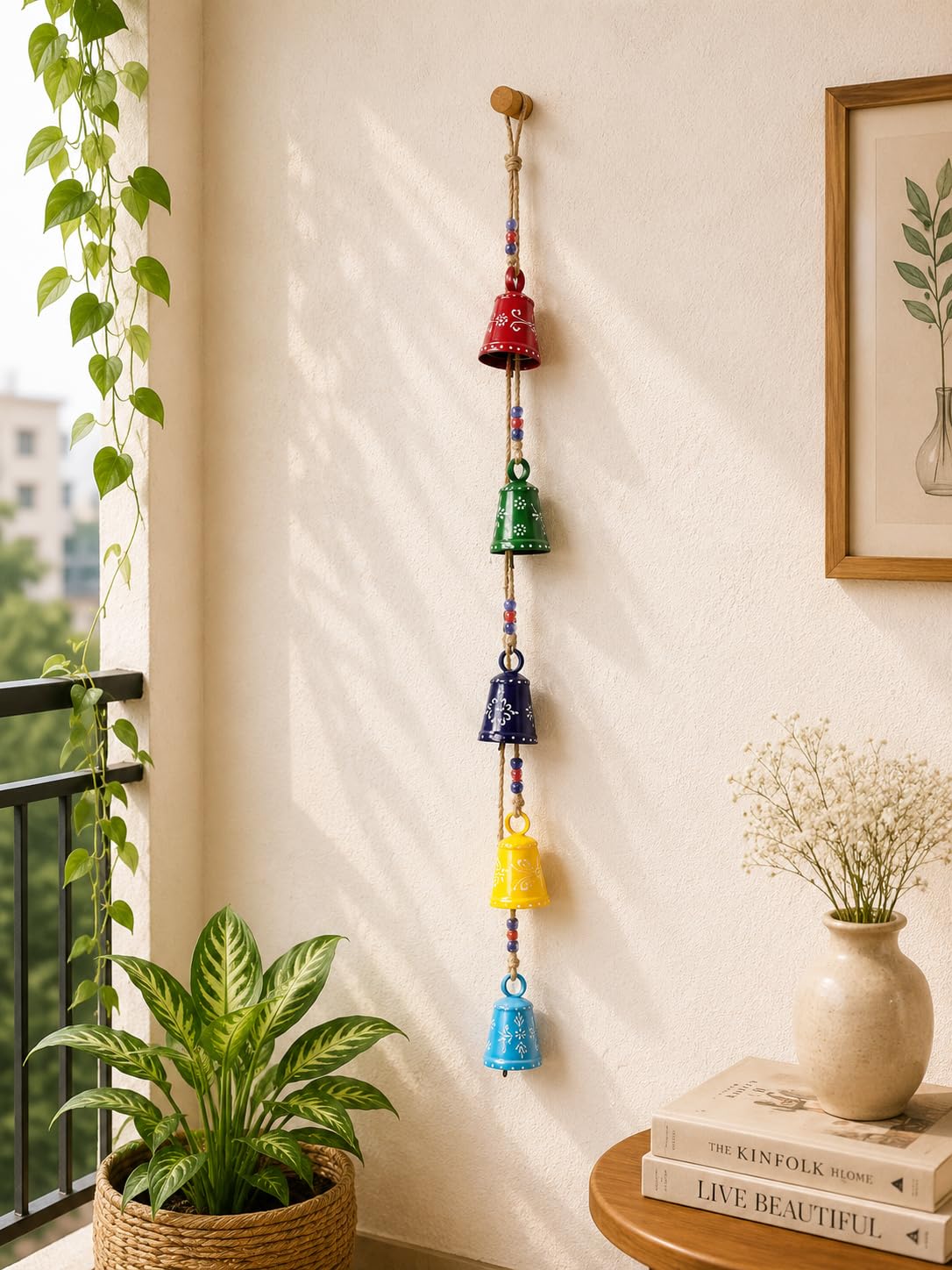 Handcrafted Metal Wall Hanging Latkan with Colorful Bells Decorative Door Side Hanging Gold Painted with Rustic Finish Soothing Sound for Home & Balcony Décor (MetalLatkan-2.75InchDecorativeBells)-image-24