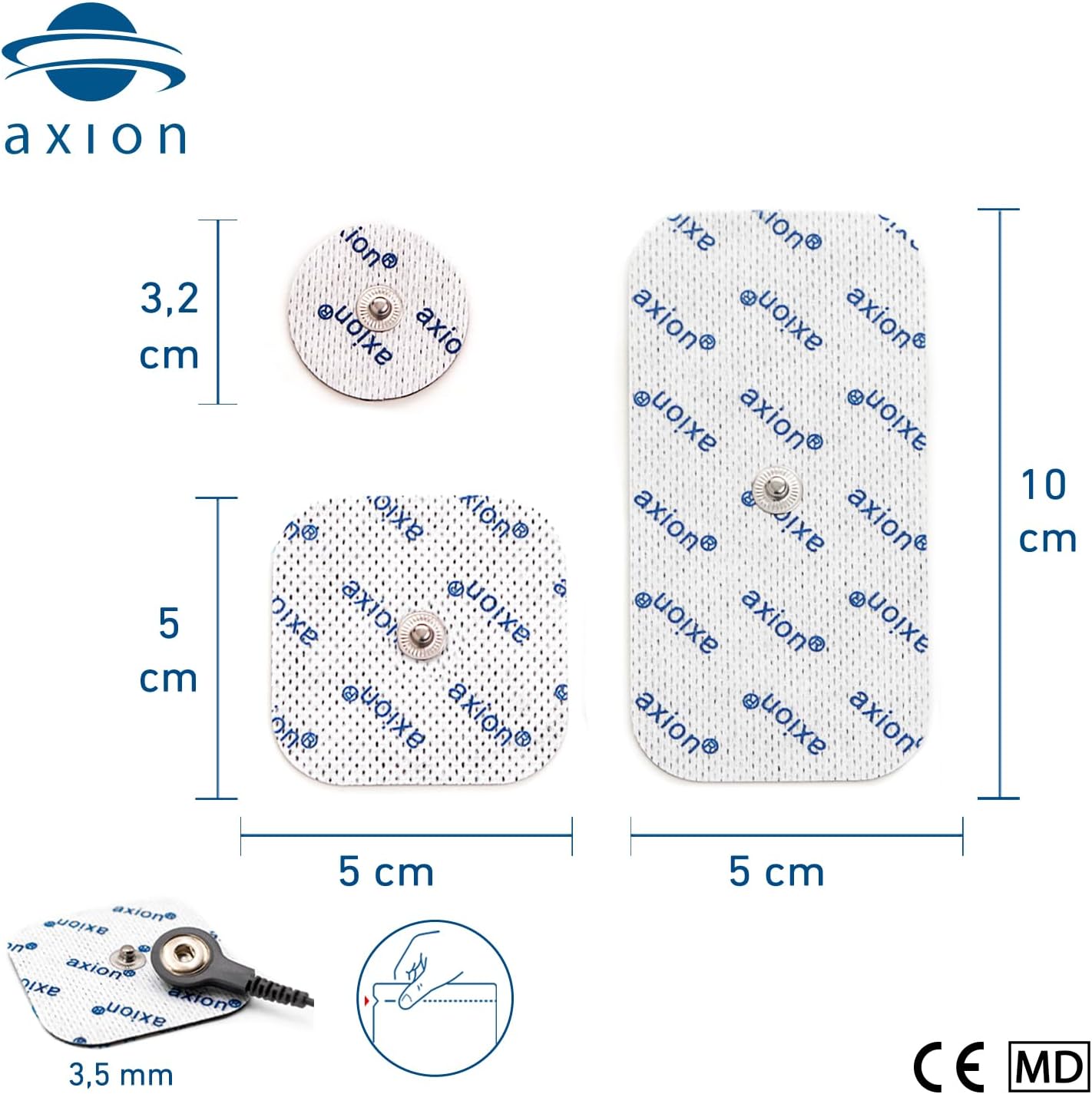 Diagram showing dimensions of axion electrodes: 3.2 cm diameter round, 5x5 cm square, and 5x10 cm rectangular electrodes.