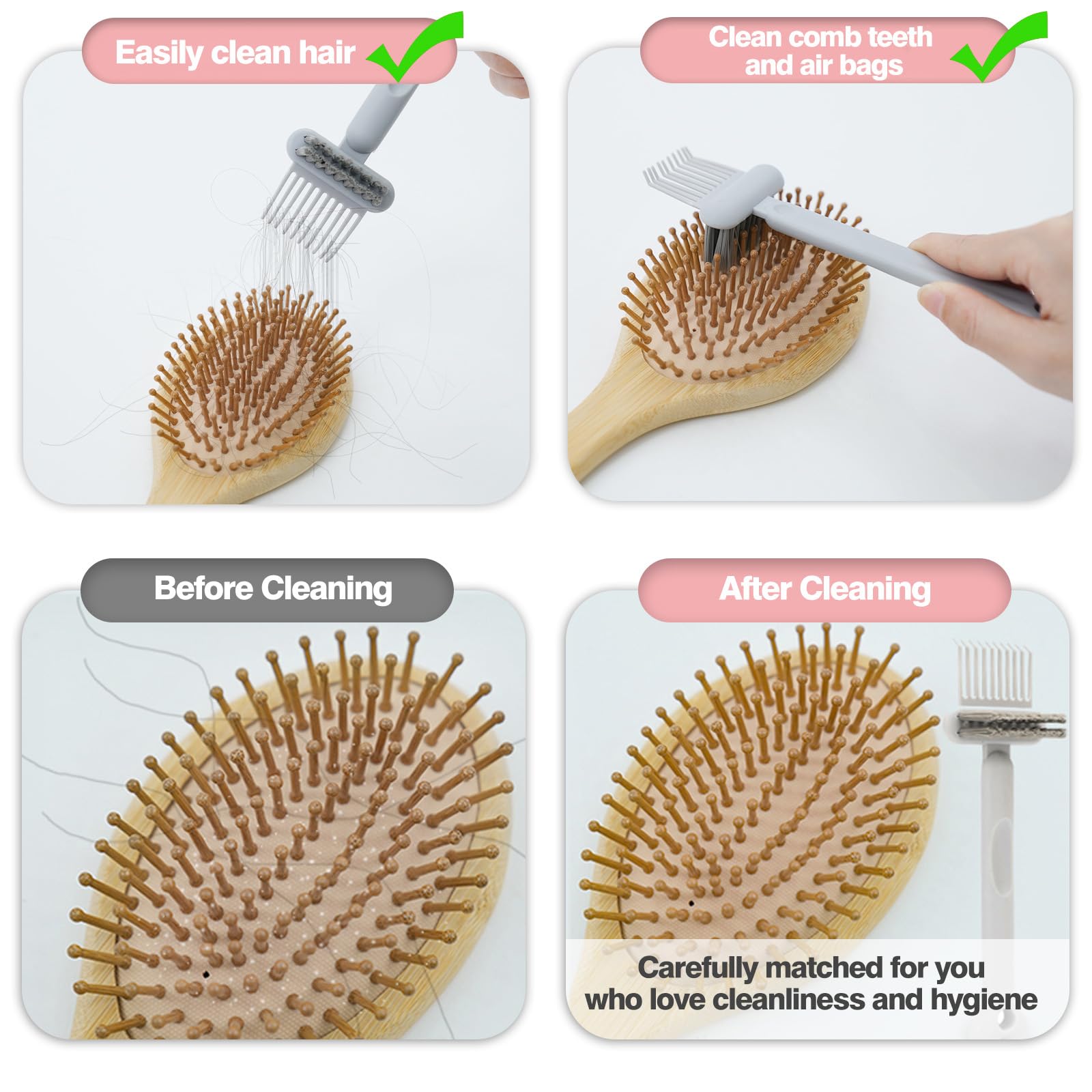 Juego de cepillo y peine, cepillo de bambú grueso y fuerte, cepillo de pelo suave de bambú, cepillo de paleta para el crecimiento del cabello, herramienta de limpieza de cepillo de pelo, adecuado para