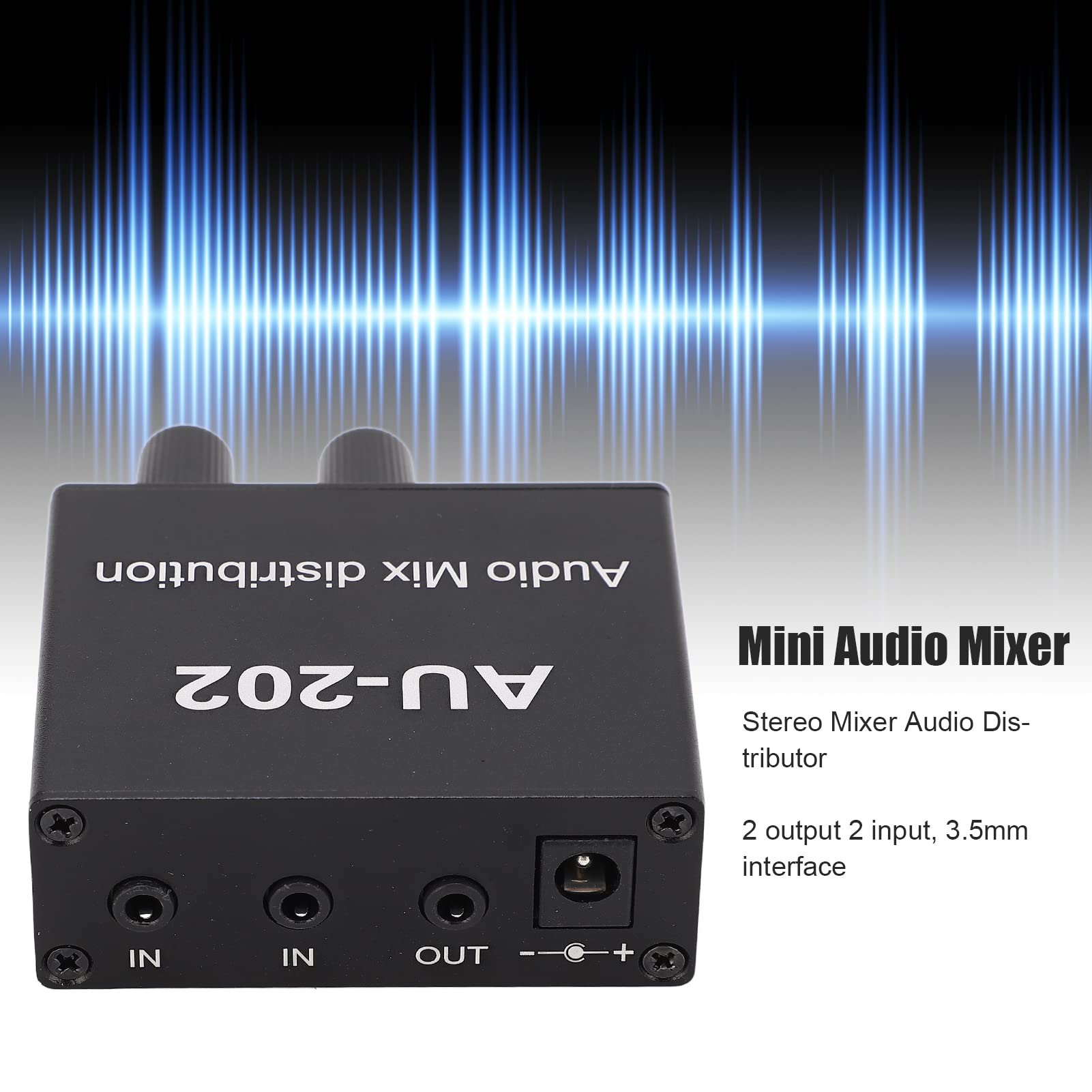 Mini Mezclador de Audio Mezclador de Distribución Estéreo 2 en 2 Salidas con Adaptador de Corriente Ideal para Clubes o Bares Pequeños