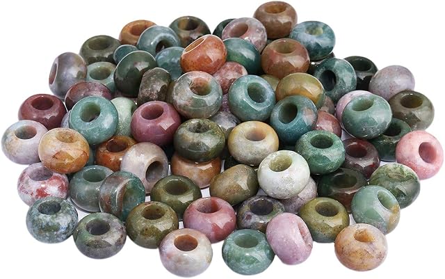 KYEYGWO Indian Agate Large Hole Polished Stone Loose Beads for Jewelry Making, Rondelle Gemstone Beads for European Charm Bracelet, Pack of 20