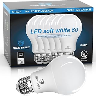 Great Eagle A19 LED Light Bulbs 60 Watt Equivalent - UL Listed - Soft White 3000K LED Light Bulbs - 9W Non Dimmable - 800 Lumens (6 Pack)