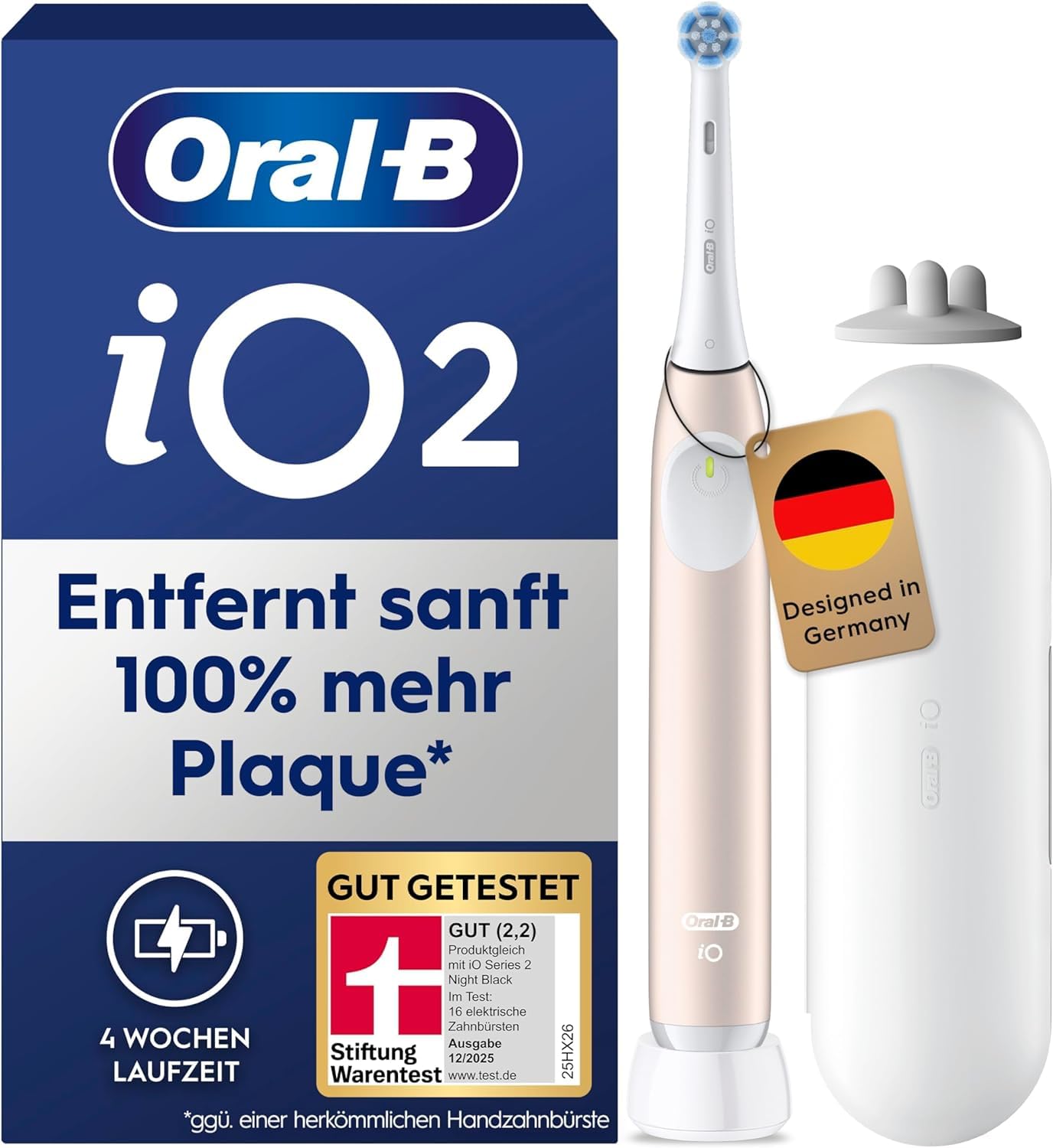Oral-B iO Series 2 Elektrische Zahnbürste — Electric Toothbrush, Inkl. 1 Aufsteckbürste, Reise-Etui — 3 Putzmodi für Zahnpflege, GUT GETESTET (2,2) von STIFTUNG WARENTEST, Designed by Braun, Pink