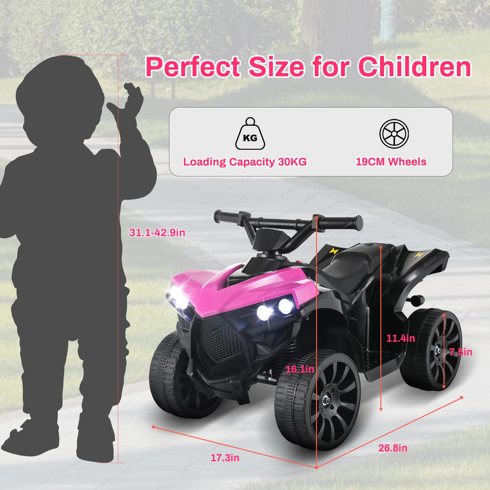 MAMIZO Quad Eléctrico Infantil 6V, Vehículo Eléctrico para Niños de 3 a 8 Años, Vehículo Eléctrico Niños, 3 km/h, con MP3, Trompeta, Faro LED & Carga USB, 68x44x41 cm, Rosa,4 pcs Ruedas