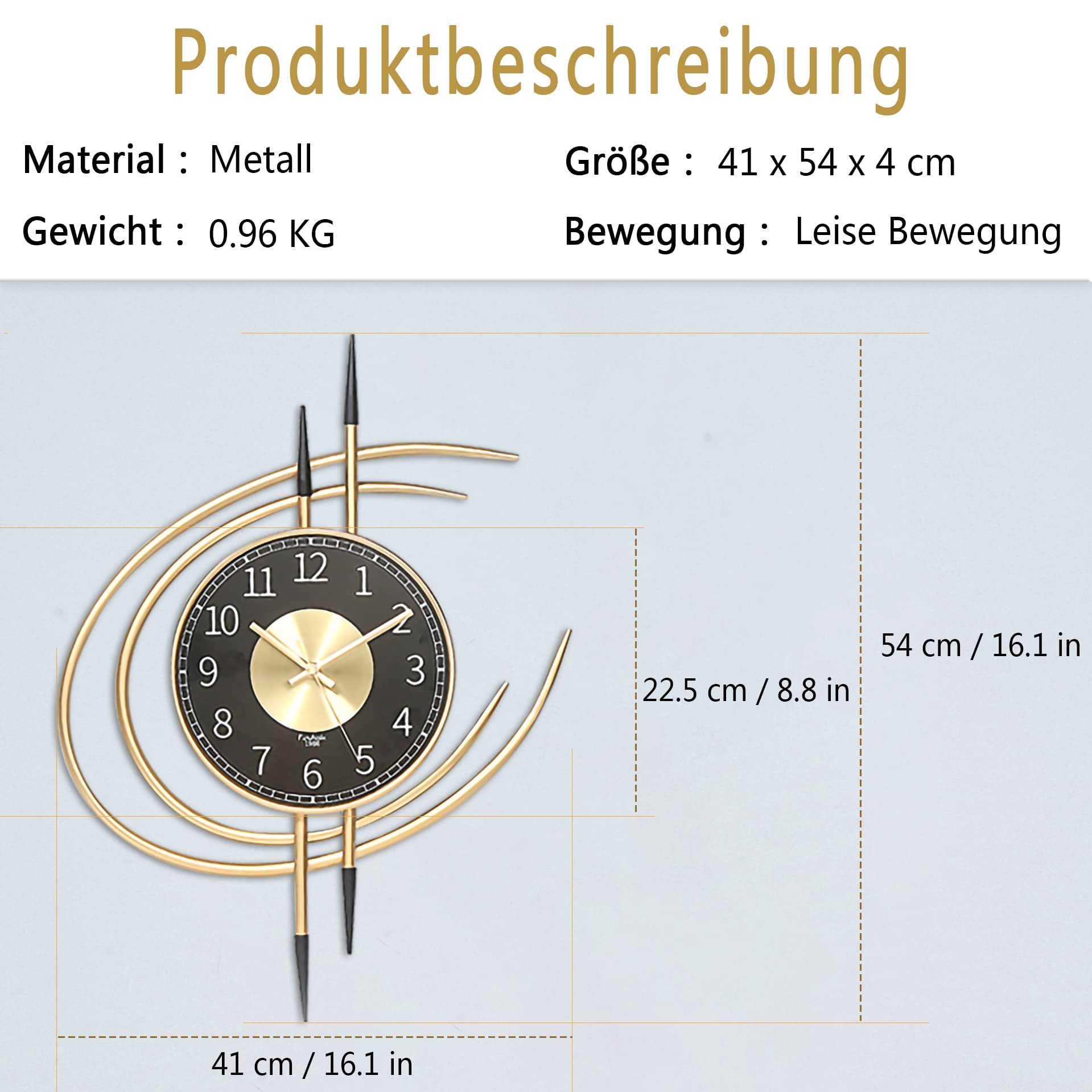 Duży zegar ścienny cichy, bez odgłosów tykania 54 cm, nowoczesny metalowy design, ciche zegary ścienne, bezgłośna praca na baterii, cyfrowe zegarki do salonu, sypialni, kuchni, biura, biura