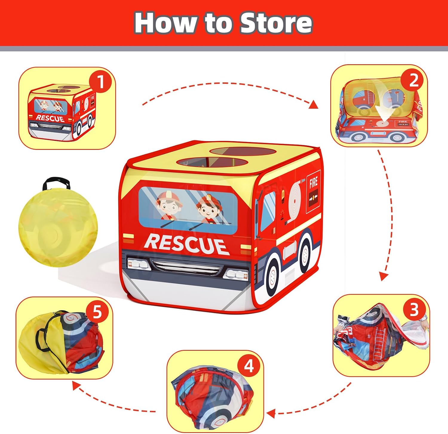 KORIMEFA Large Fire Truck Tent for Toddlers 3-5, 44.5" x 28", Red | Indoor Outdoor Playhouse, with Breathable Windows, Birthday Gift