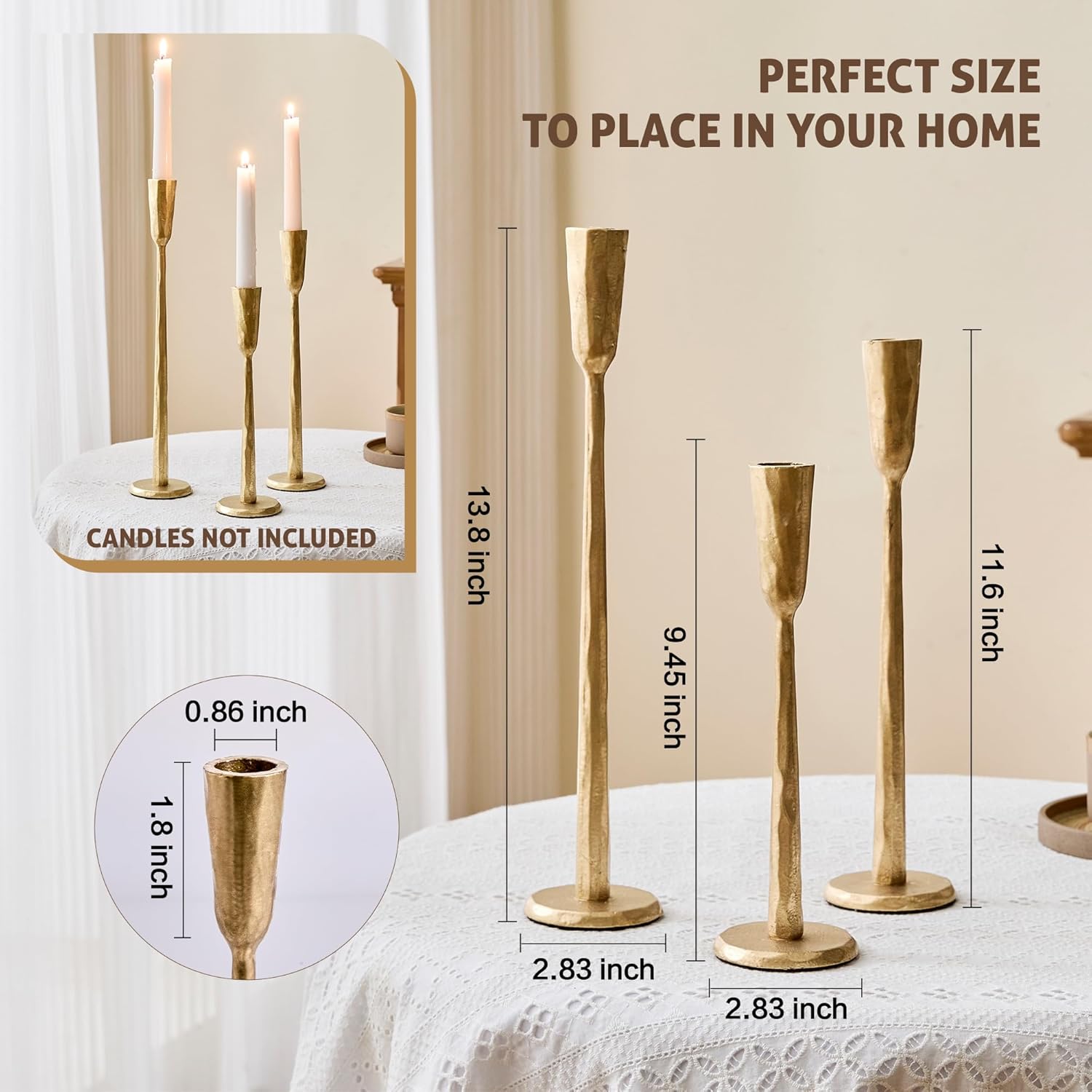 Cast Iron Taper Candle Holder Set of 3, Heavyweight Tall Candlestick Holders, Antique Gold, for Fireplace Mantle & Dining Table, Versatile Decor for Wedding, Holiday, Home & Christmas - Image 5