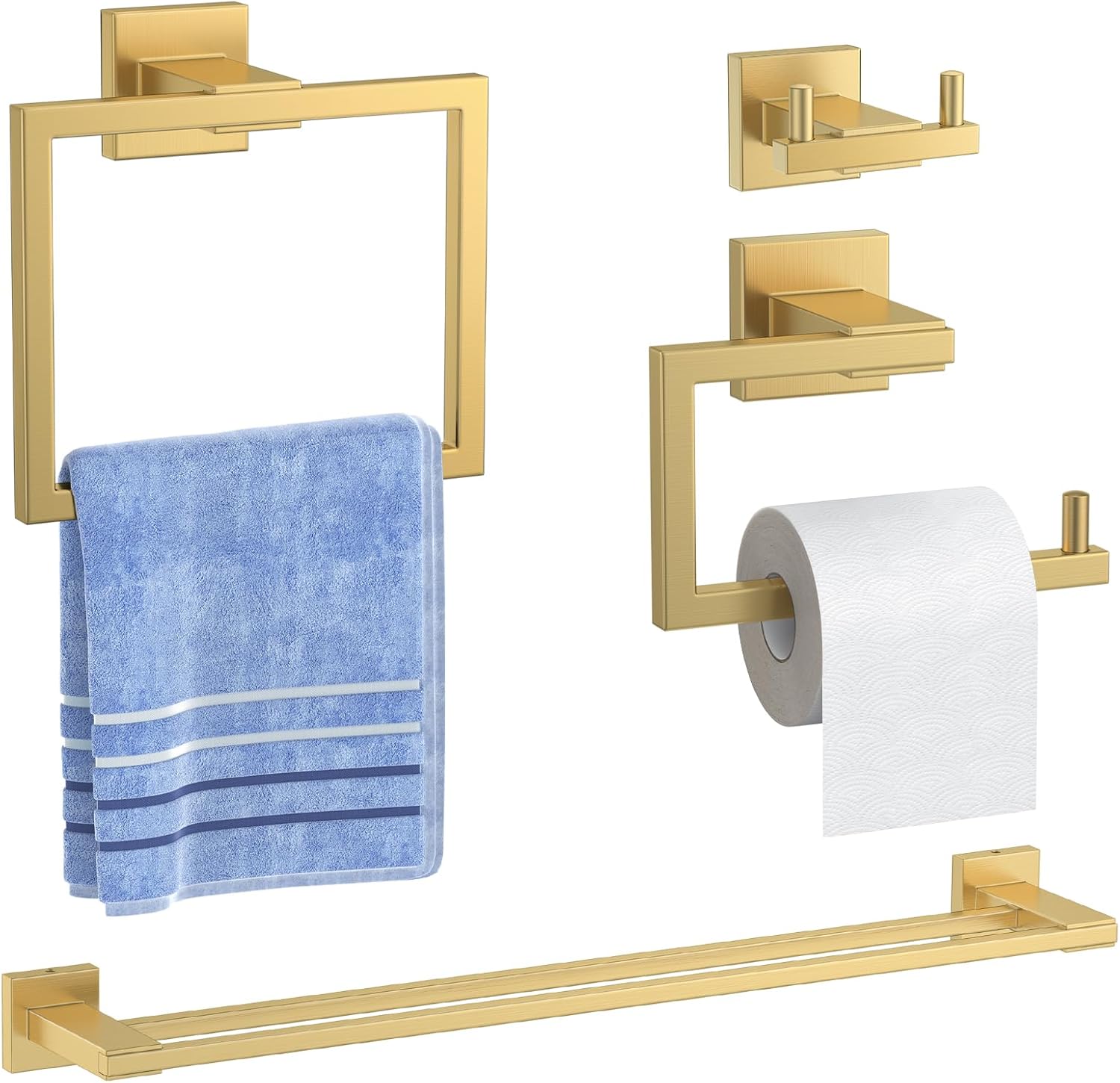 Brapazie 4-Piece SUS304stainless Steel Bathroom Hardware Accessory Set, Including 26 inch Double Rod,Double Clothes Hook, Tissue Hook, Towel Ring Set Gold