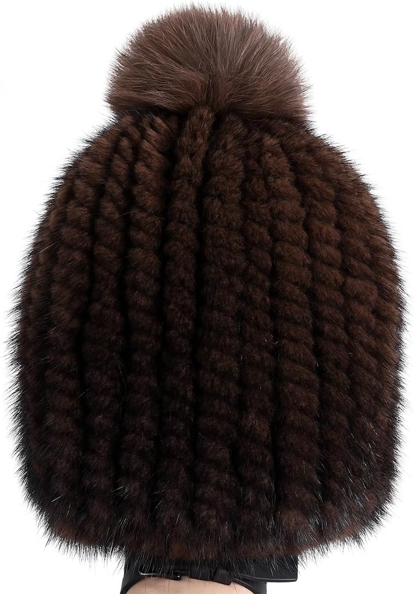 Genuine Mink Fur Knit Beanie Hat with Fox Fur Pom Pom, Luxury Winter Wear, Unisex Adult, Stretchy Elastic Fit