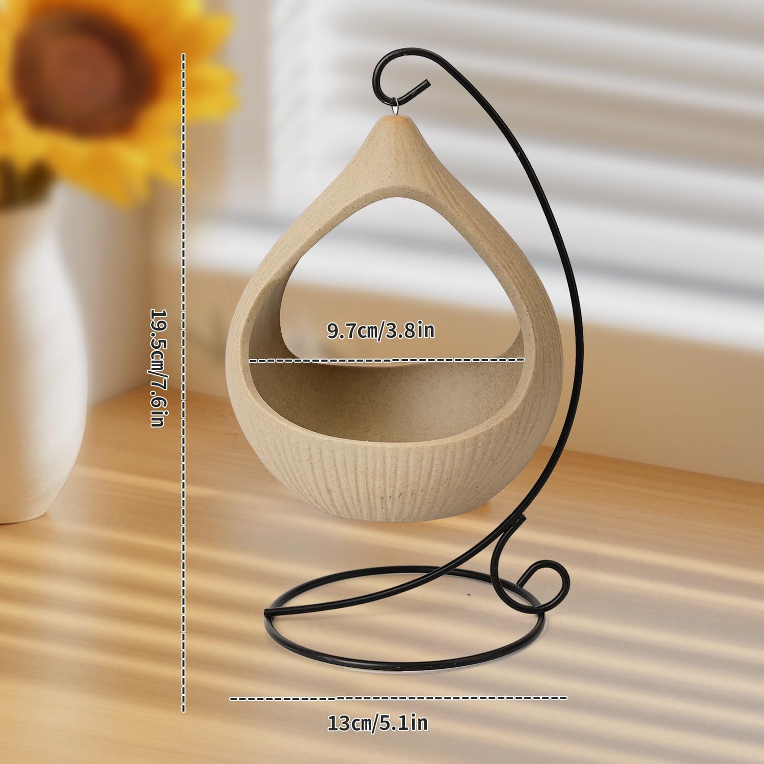Palo Santo Holder, Modern Hanging Basket Palo Santo Burner, Handmade Ceramic Iron Frame Smudge Bowl for Sage, Incense Cones, Candles, Ash Catcher for Meditation, Yoga, Spa, Home Decor (Round)