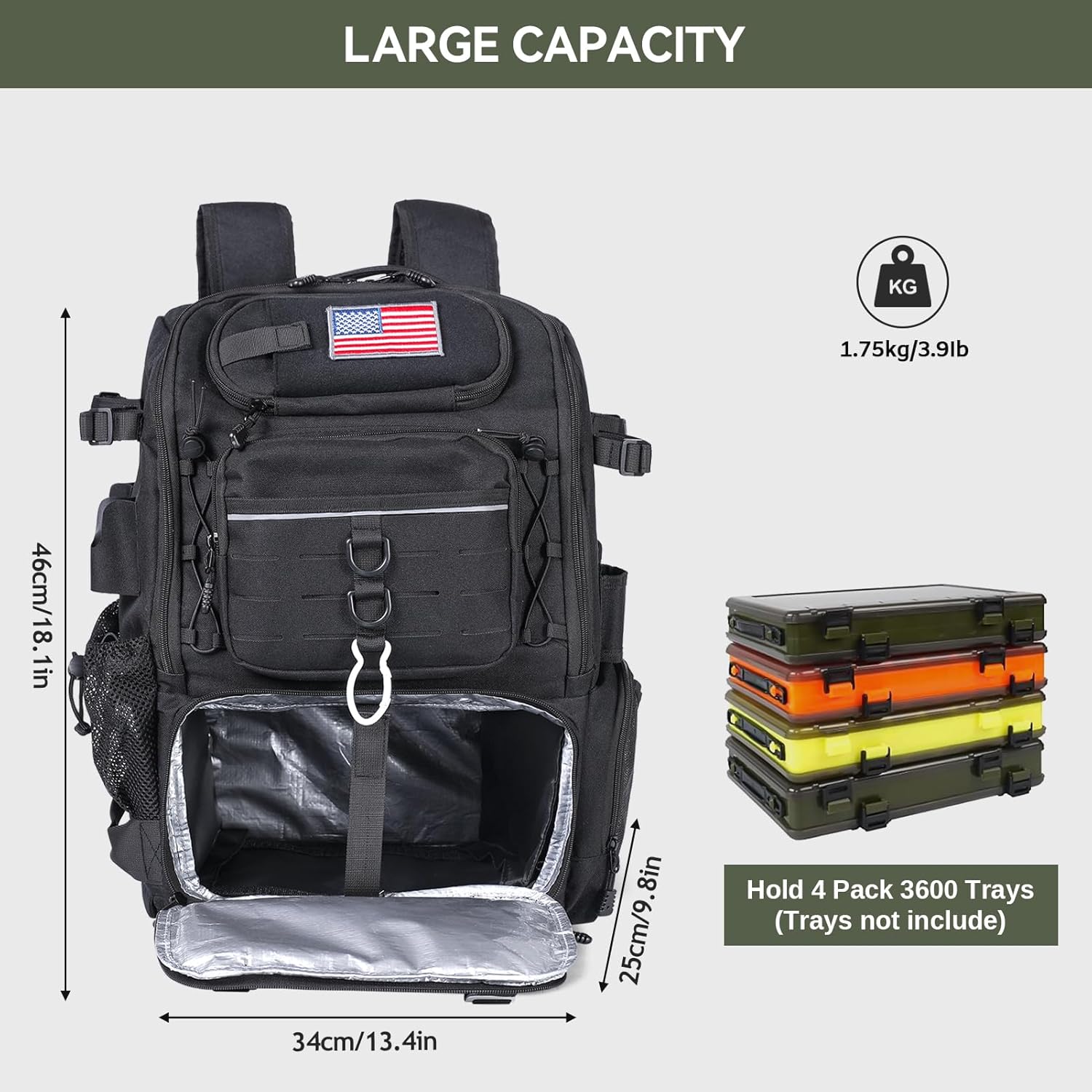 Bagenerous 39L Fishing Tackle Backpack with Rod Holders & Cooler,Water-resistant Fishing Gear Storage Bag with Protective Rain Cover,Black